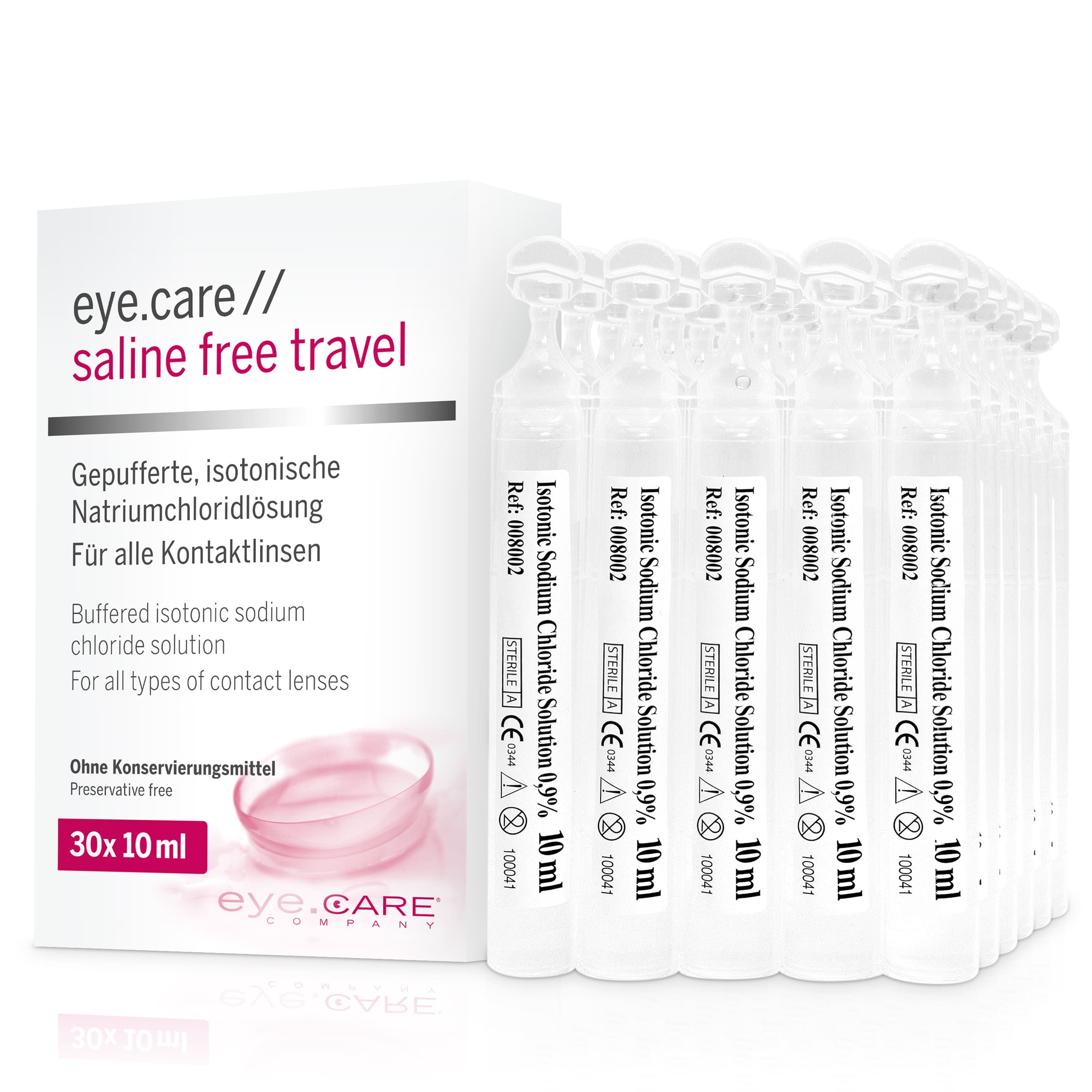 Verpackung mit 30 Ampullen isotonischer Natriumchloridlösung. Produktname eye.care // saline free travel. Geeignet für Kontaktlinsen.