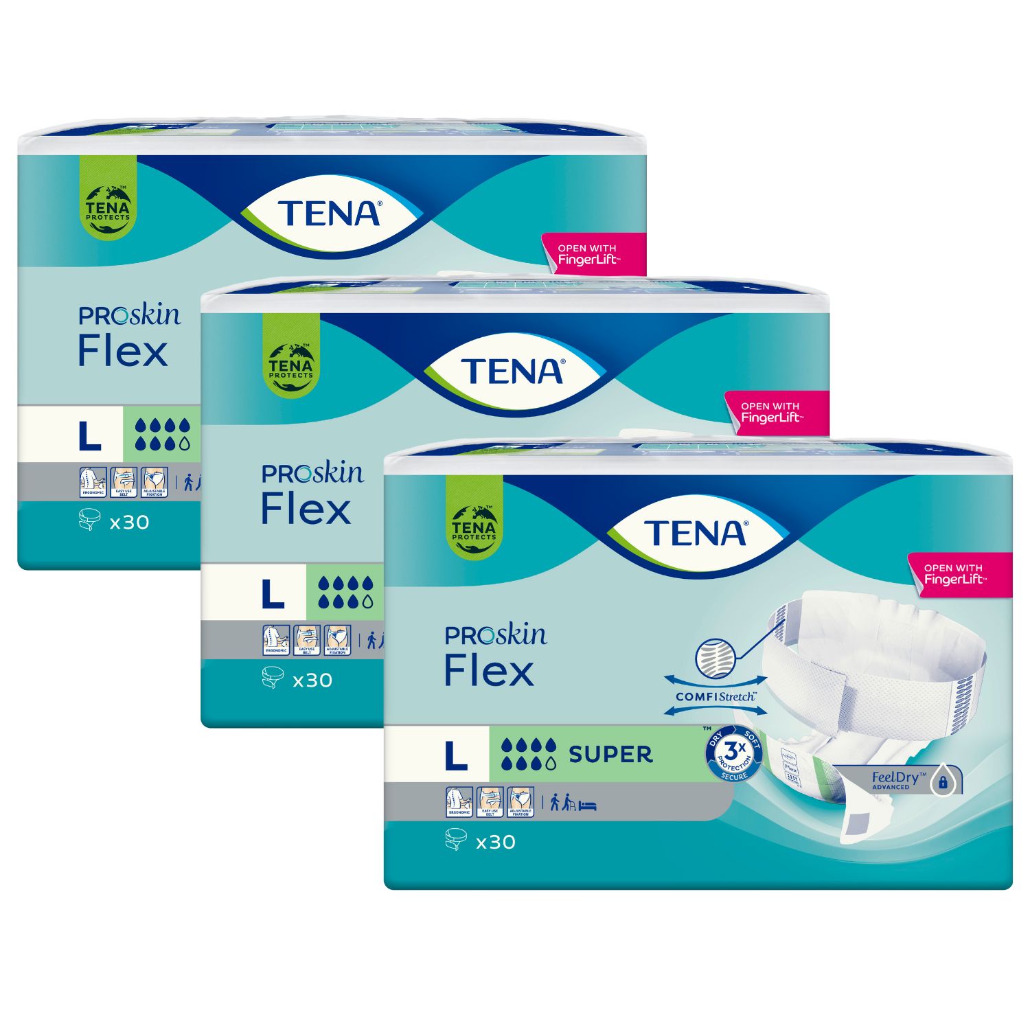Drei Packungen TENA Flex Super Inkontinenz-Pants in Größe L, 30 Stück pro Packung.