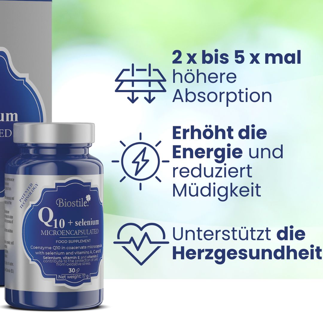 Grafiken zeigen Vorteile von Biostile BMT Q10 + Selen: Absorption, Energie, Herzgesundheit.