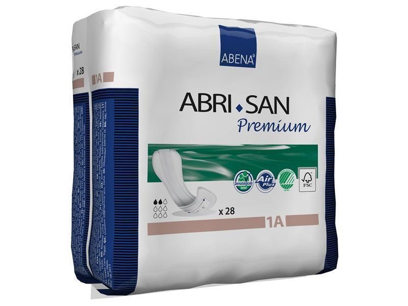 Verpackung von Abena Abri-San Premium Einlagen. Weiß-blaue Verpackung mit Produktabbildung und Text. Enthält 28 Stück. FSC-zertifiziert.