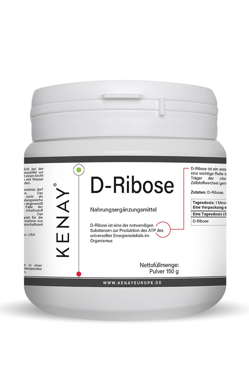 D-Ribose KENAY®-Behälter. Weißer Behälter mit Deckel. Produktname und Marke auf dem Etikett. Nettogewicht: 150 g.
