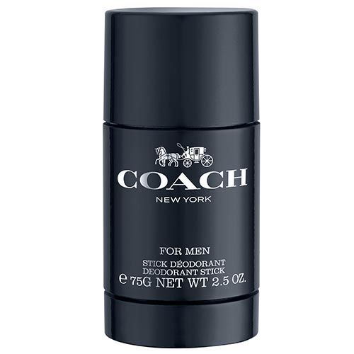 Schwarzer Deostift. Oben: COACH, New York, Logo mit Kutsche. Darunter: FOR MEN, STICK DÉODORANT, e 75G NET WT 2.5 OZ.