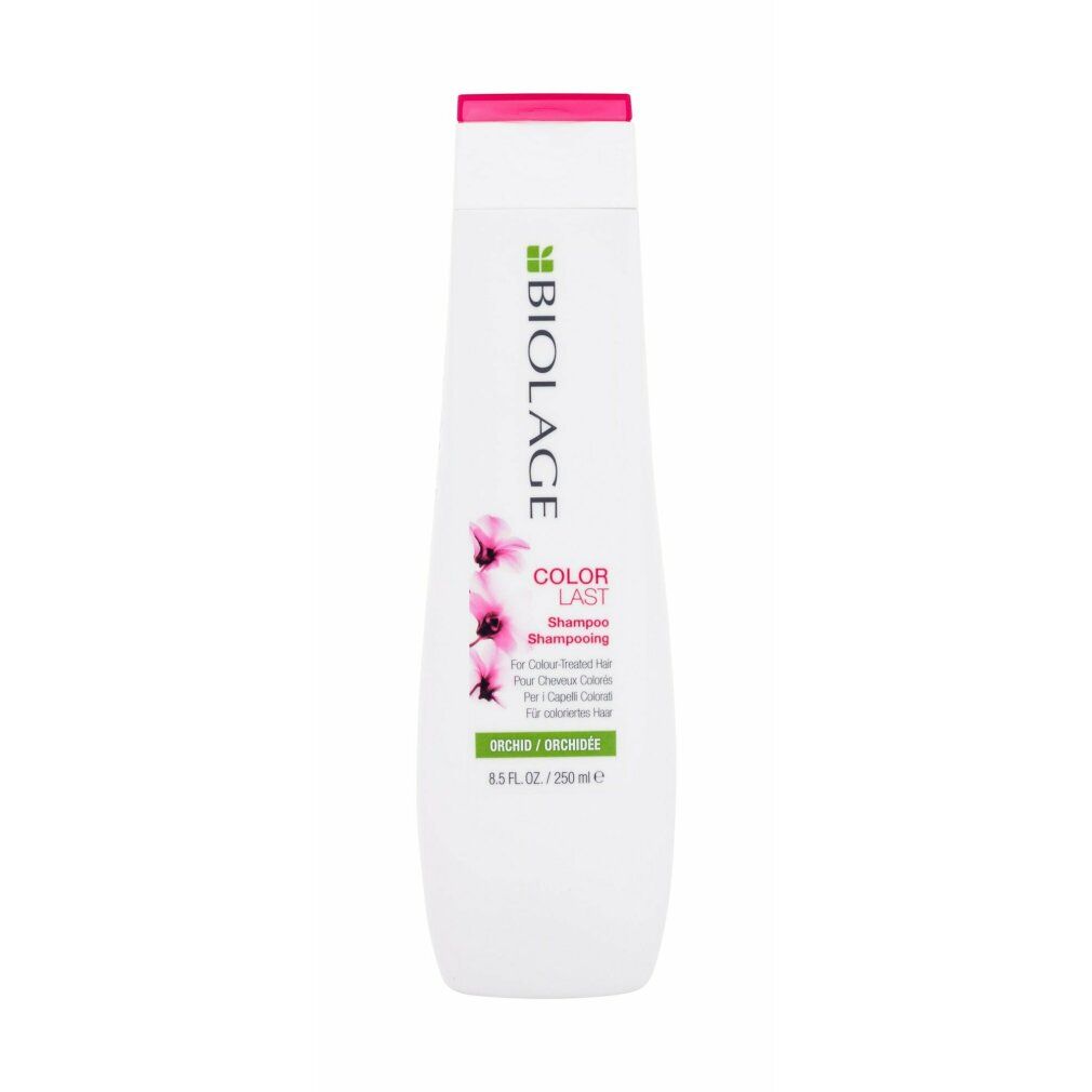 Weiße Shampoo-Flasche mit rosa Akzenten. Biolage ColorLast Shampoo-Etikett. 8.5 FL. OZ / 250 ml.