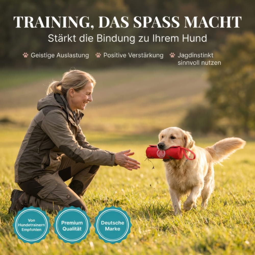 Frau und Hund auf einer Wiese. Der Hund trägt einen roten Futterbeutel im Maul. Text: Premium Qualität, Deutsche Marke.