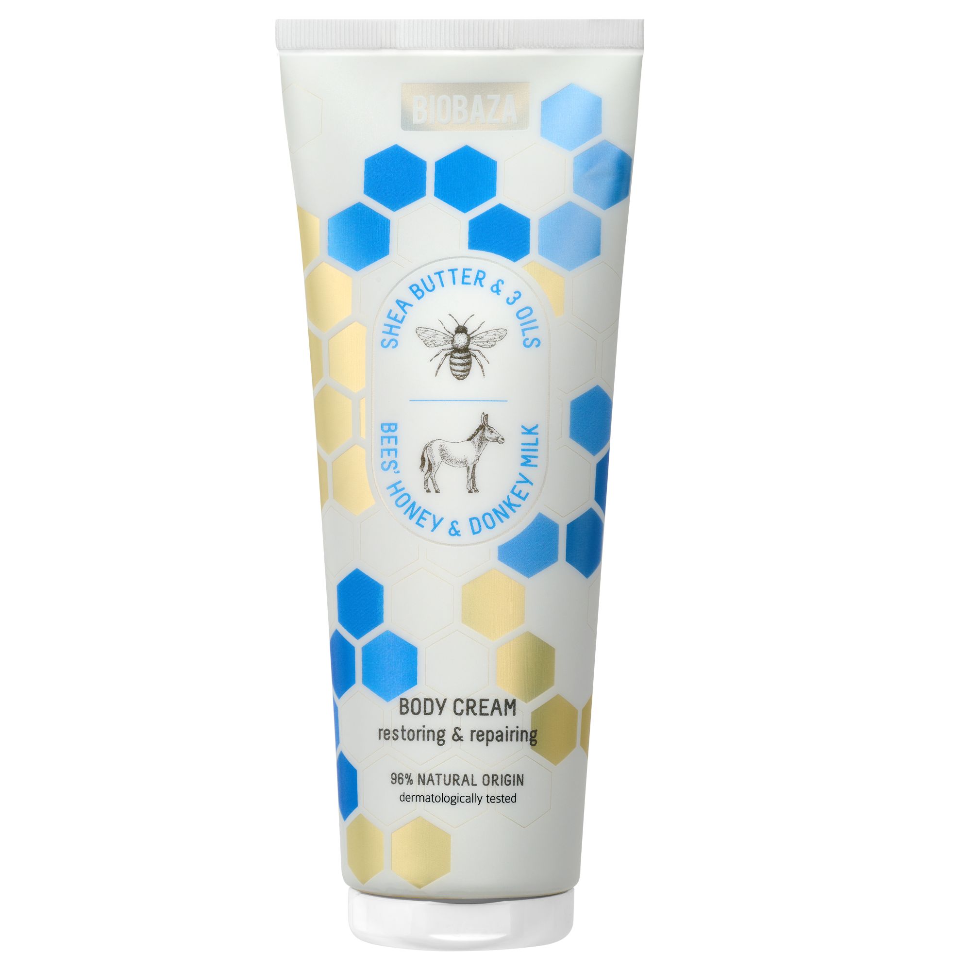 Creme-Tube mit Bienen- und Eselmilch-Motiven. Text: Shea Butter & 3 Öle, Honey & Donkey Milk, Body Cream, 98% Natural Origin.