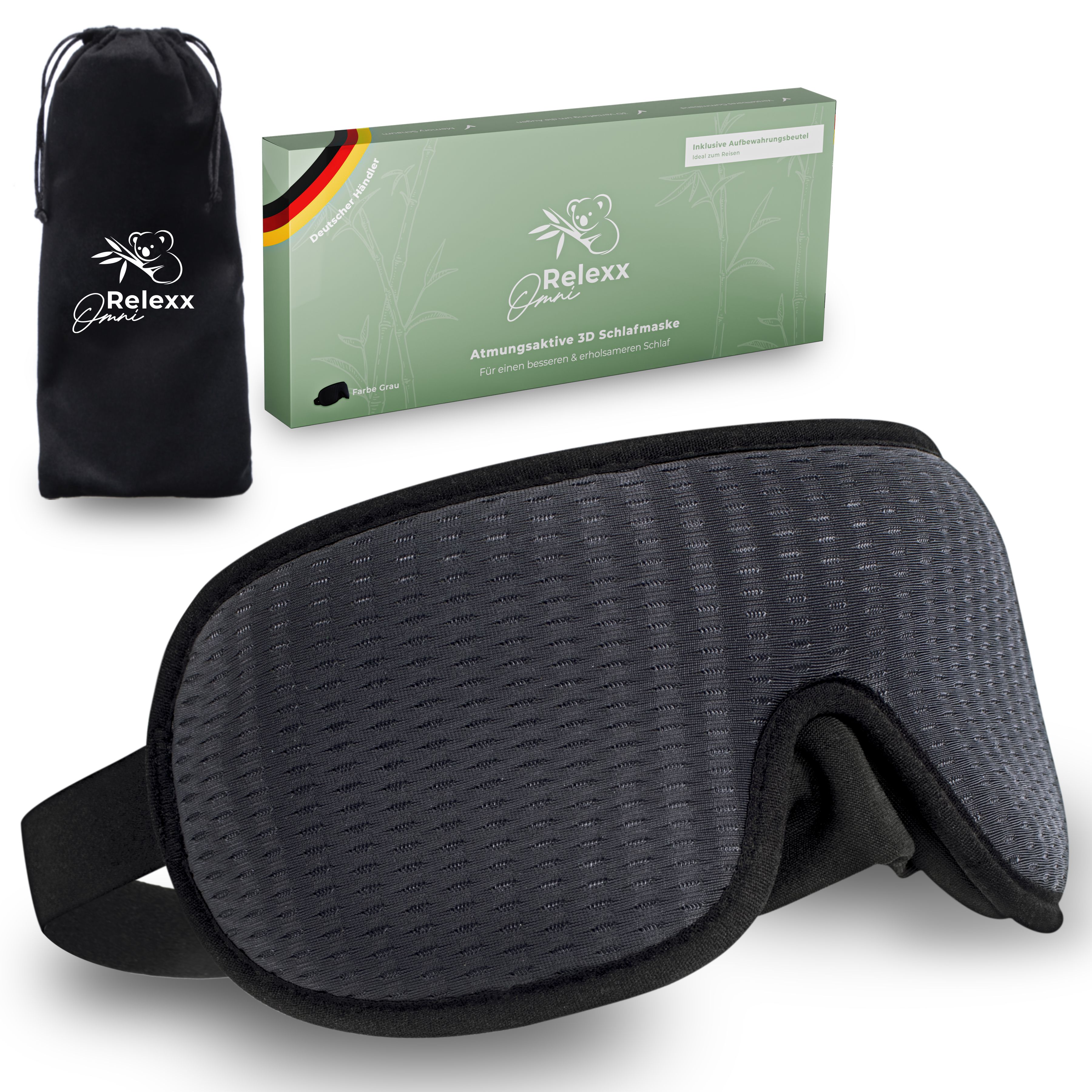 Schlafmaske, Reisebeutel und Verpackung. Schwarze Maske mit 3D-Design. Inklusive Reisebeutel. Verpackung mit Produktinformationen.