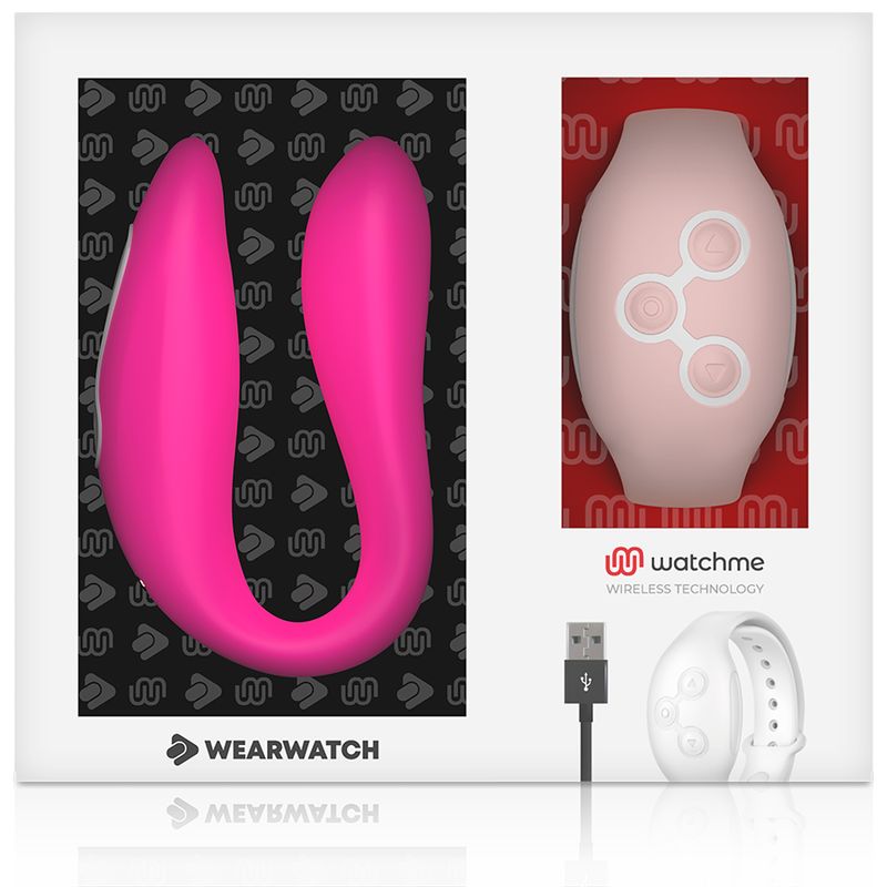 Verpackung mit Vibrator, Armband und Ladekabel. Logo: watchme.