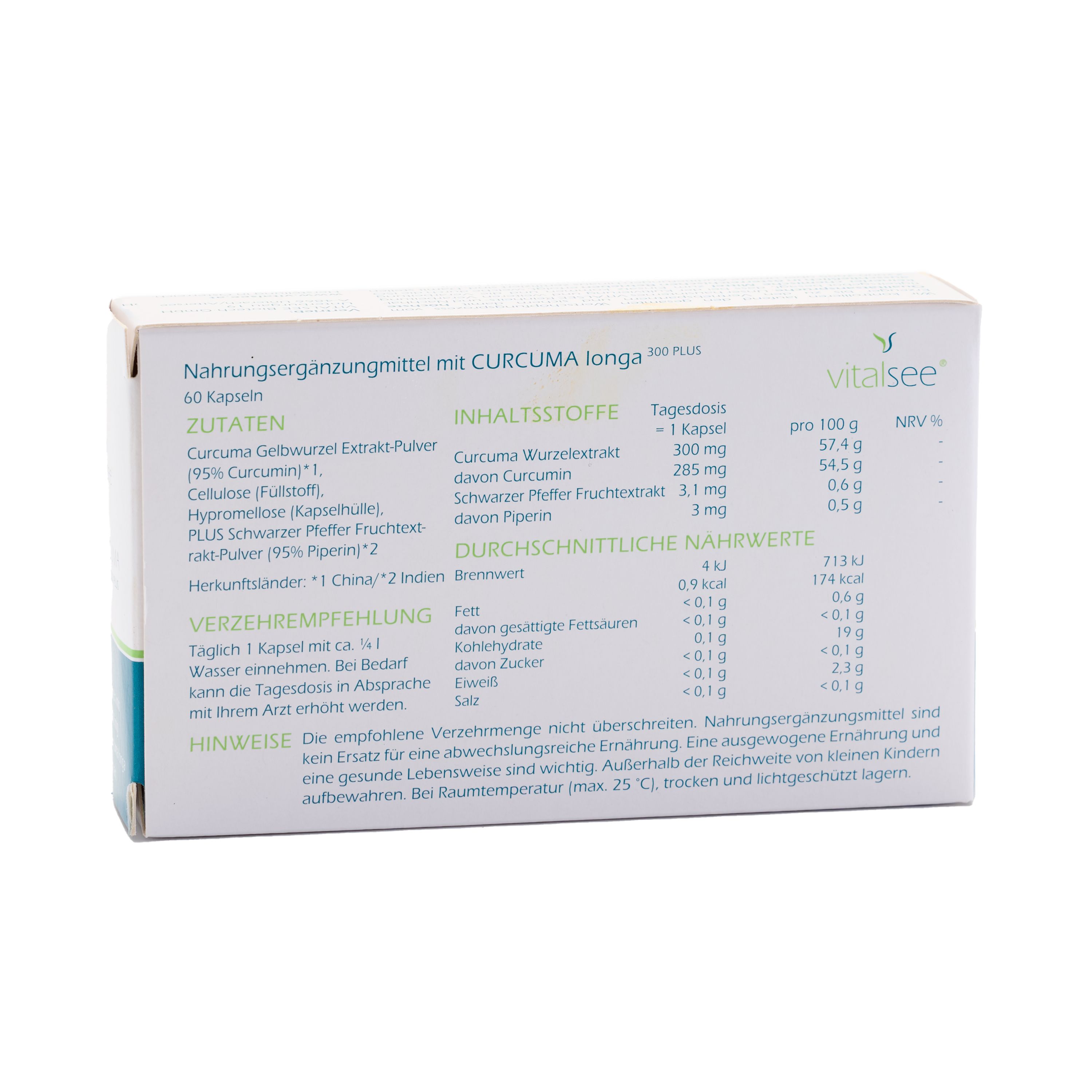 Rückseite der Vitalsee CURCUMA longa 300 PLUS-Verpackung. Enthält Zutaten, Inhaltsstoffe, Nährwerte und Verzehrempfehlung. Text in deutscher Sprache.