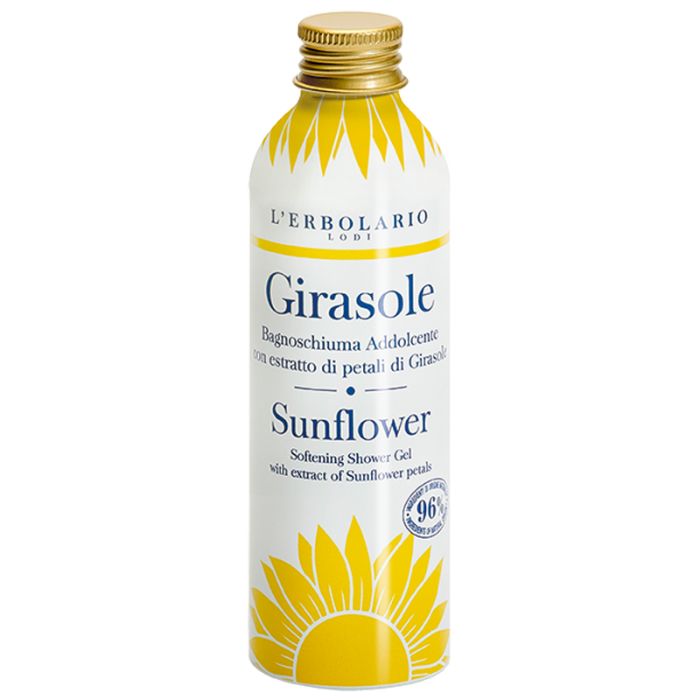 Weiß-gelbe Flasche mit Produktbezeichnung Girasole und Sunflower. Goldfarbener Deckel. 96% Inhaltsstoffe natürlichen Ursprungs.