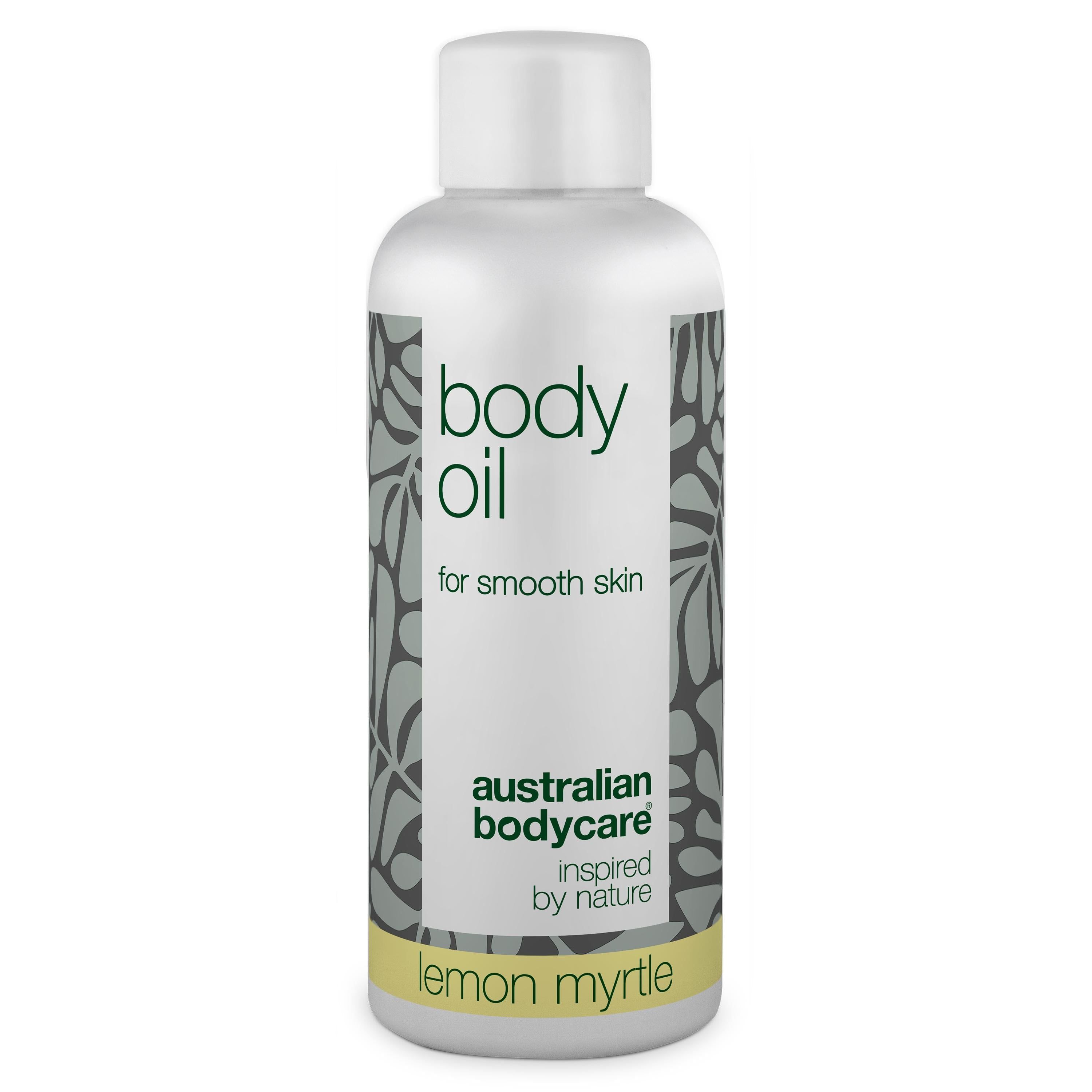 Weiße Flasche mit grünem Etikett. Aufschrift: body oil, for smooth skin, australian bodycare, lemon myrtle.