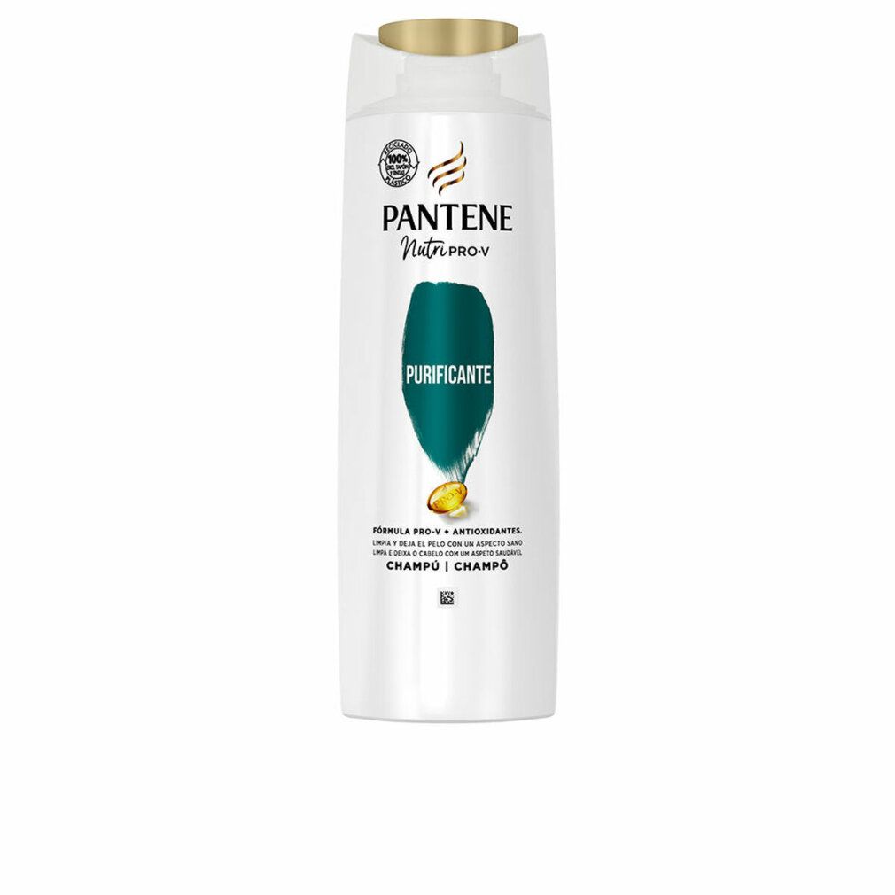 Weißes Shampoo mit goldfarbenem Deckel. Aufschrift PANTENE, darunter ein grüner Farbfleck und der Schriftzug PURIFICANTE.