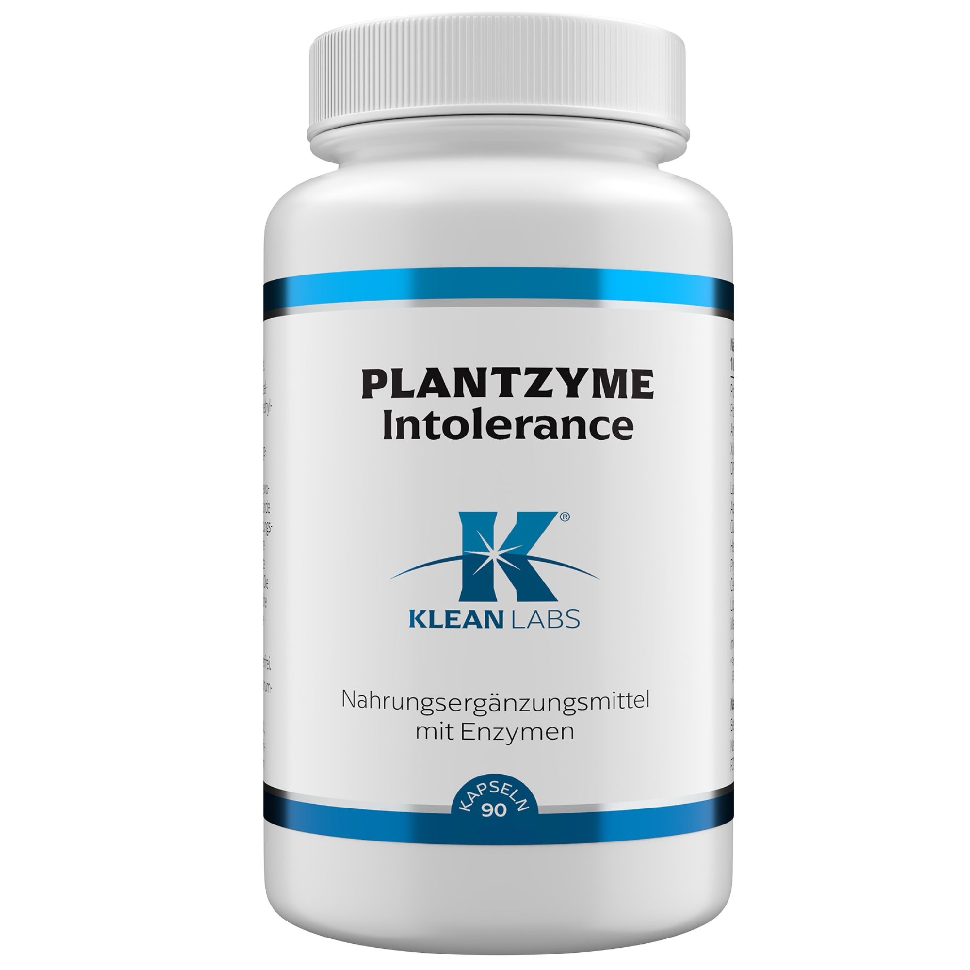 Weiße Flasche mit blauem Streifen. Aufschrift: PLANTZYME Intolerance, Klean Labs. Nahrungsergänzungsmittel mit Enzymen. 90 Kapseln.