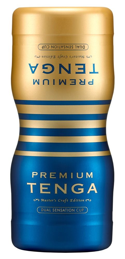 Zylindrisches Produkt, gold-blau. Aufschrift: PREMIUM TENGA, Dual Sensation Cup, Master's Craft Edition.