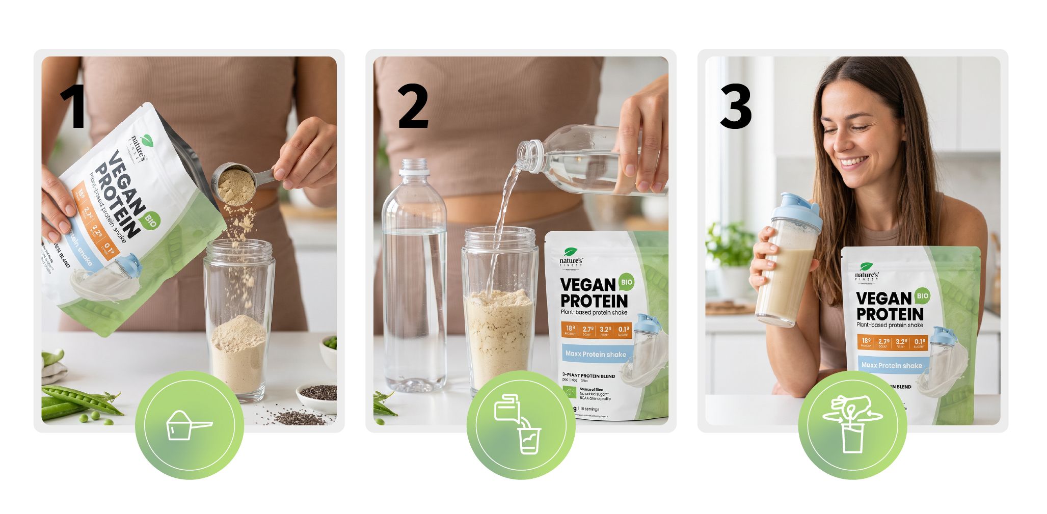 Schritte zur Zubereitung eines veganen Proteinshakes: Pulver in Flasche, Wasser hinzufügen, schütteln.