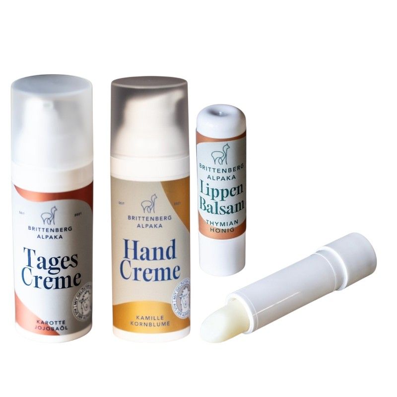 BRITTENBERG ALPAKA Pflegeset: Tagescreme, Handcreme und Lippenbalsam. Enthält Karotte, Jojobaöl, Kamille und Kornblume.