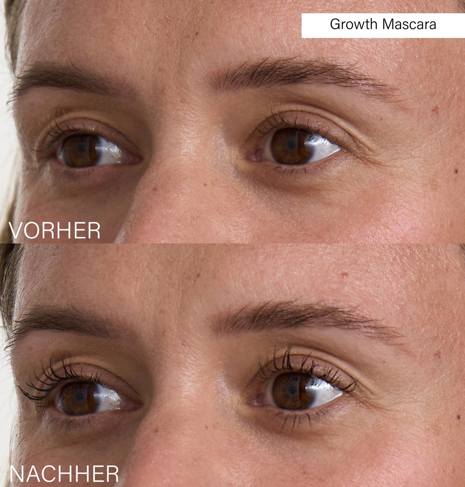 Vergleich von Augen vor und nach dem Auftragen von Wimperntusche. Beschriftung: Vorher, Nachher. Wachstum Mascara.
