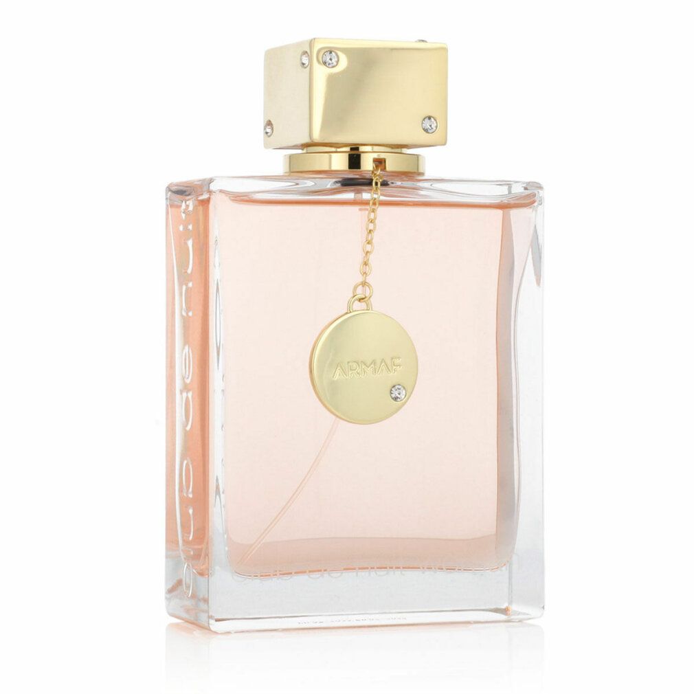 Parfümflakon. Quadratischer Flakon, rosa Flüssigkeit. Goldener Verschluss mit Strasssteinen, Anhänger. Marke Armaf.