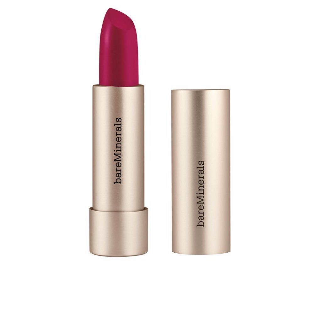 Offener Lippenstift in Goldhülse. Sichtbar: roter Lippenstift. Auf der Hülse steht 'bareMinerals'.