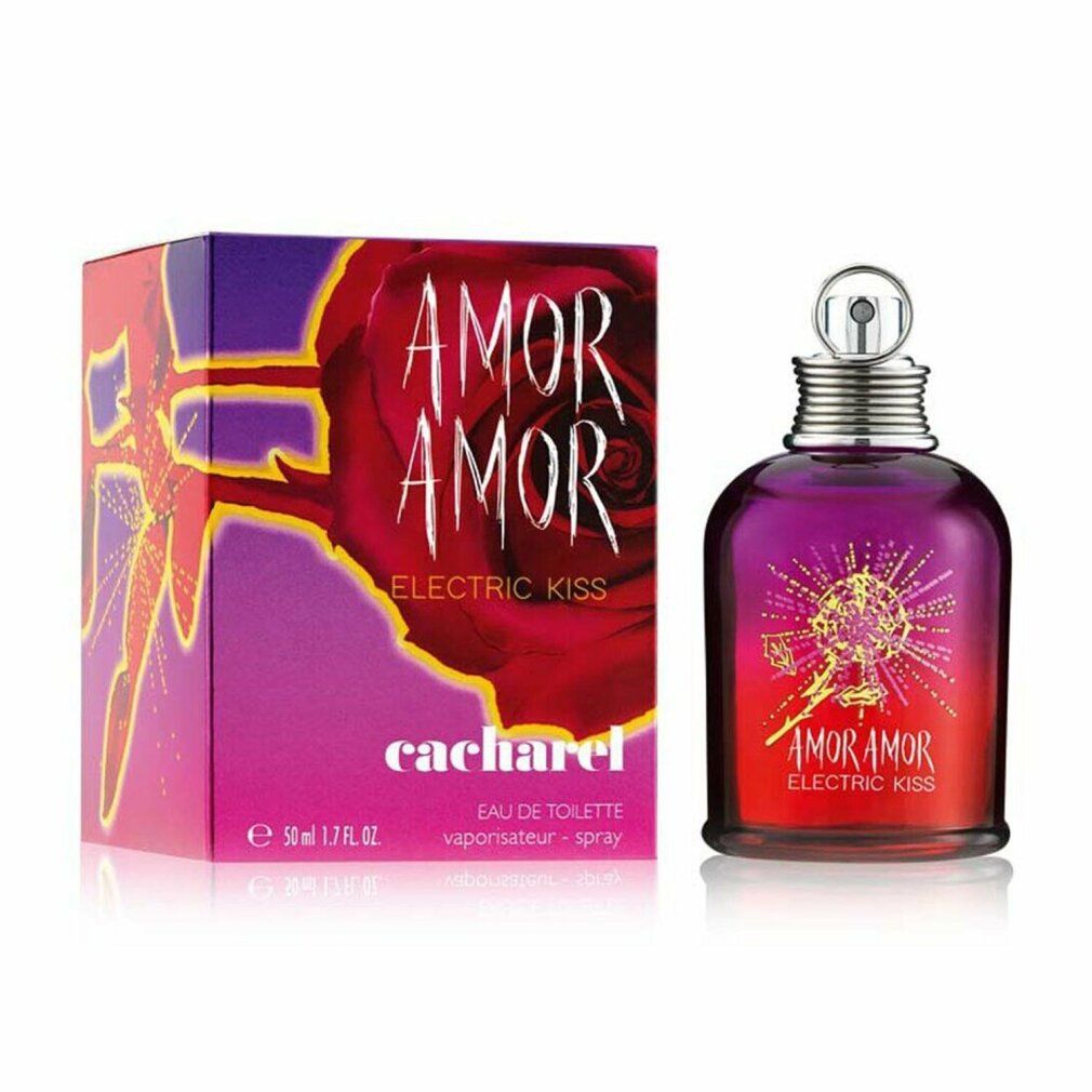 Cacharel Amor Amor Electric Kiss Eau de Toilette mit Verpackung. Flakon und Schachtel. Rote Rose, Schriftzug, Farbverlauf.