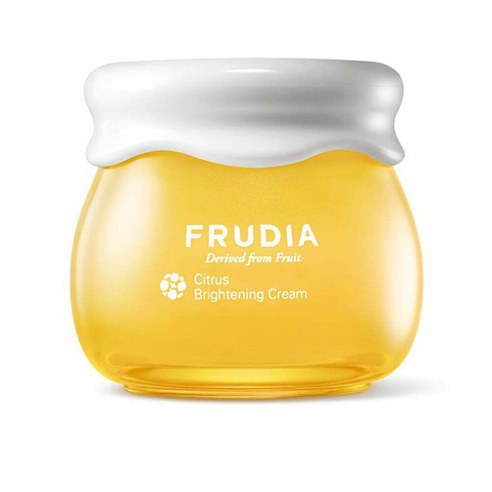 Gelbe Creme in einem Glas mit weißem Deckel. Aufschrift: FRUDIA Citrus Brightening Cream.