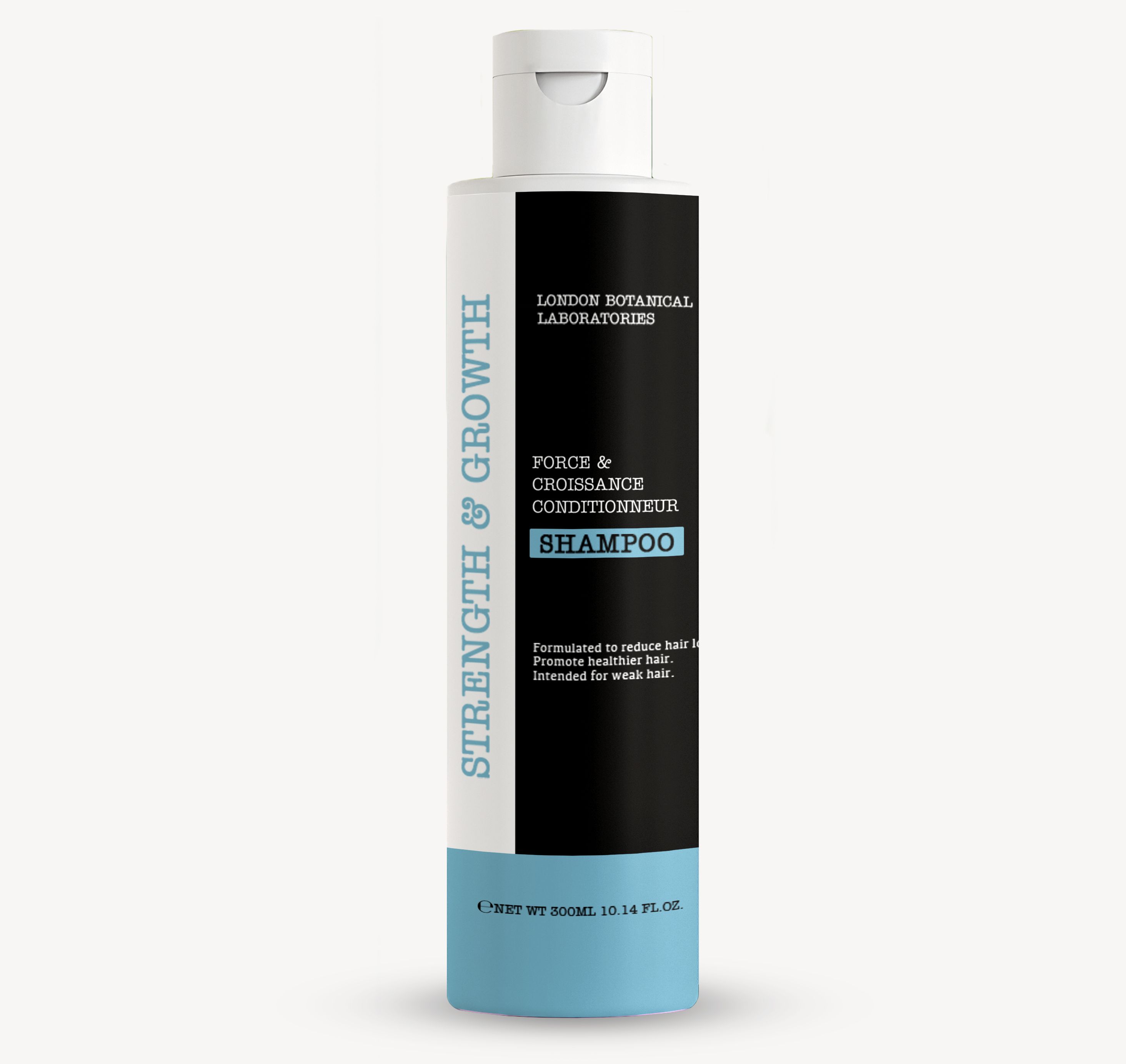 Shampoo-Flasche mit weißem Deckel, blauem Boden und schwarzem Etikett. Text: Strength & Growth, Shampoo, London Botanical Laboratories.