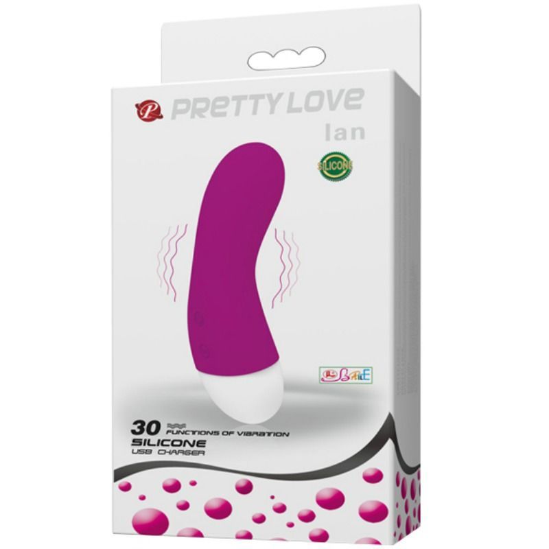 Verpackung mit lila Stimulator. Marke Pretty Love, Modell Ian. 30 Vibrationsfunktionen, Silikon.