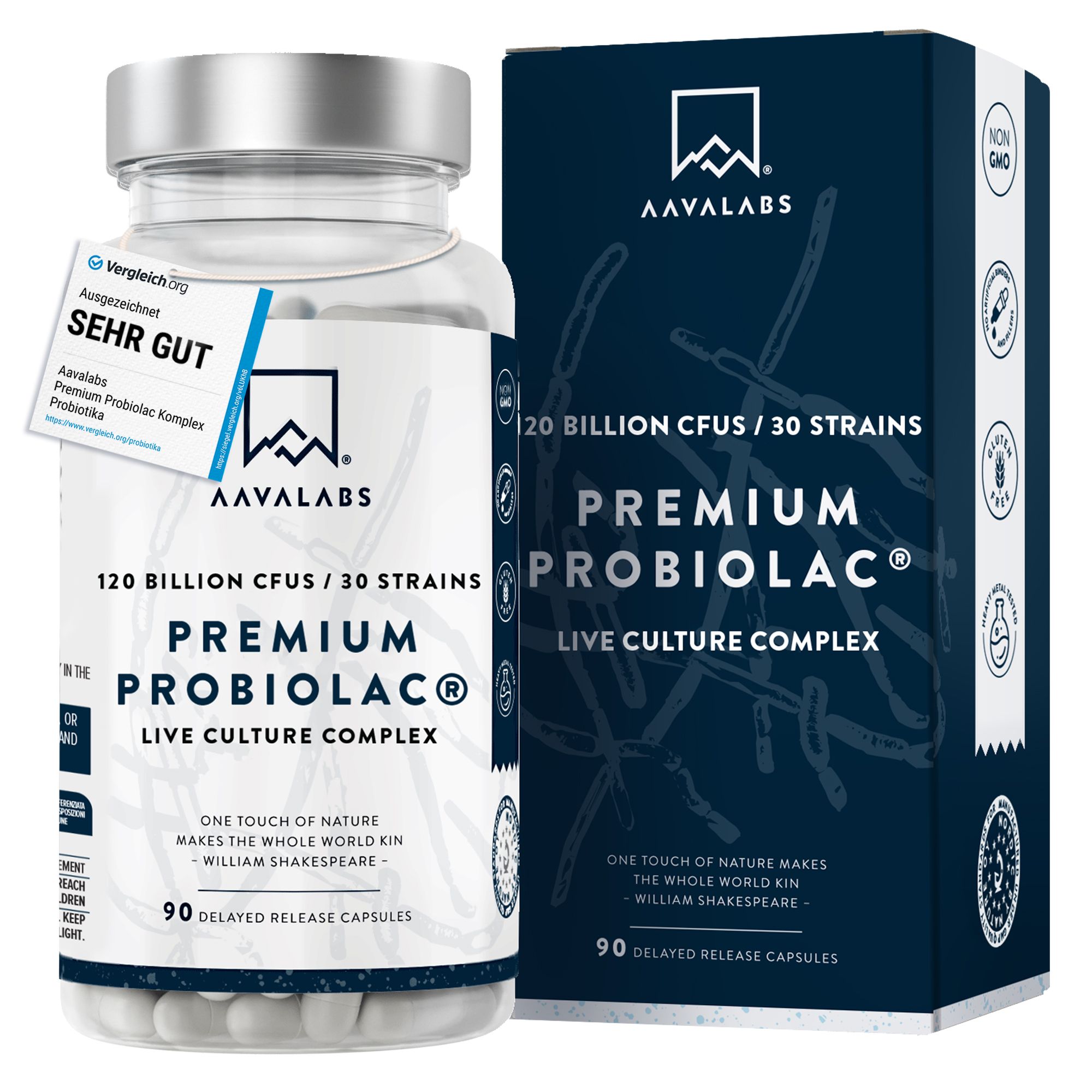 Aavalabs Probiotika Kapseln mit Prebio-Inulin: Flasche und Karton. 120 Milliarden KBE, 30 Stämme, 90 Kapseln.
