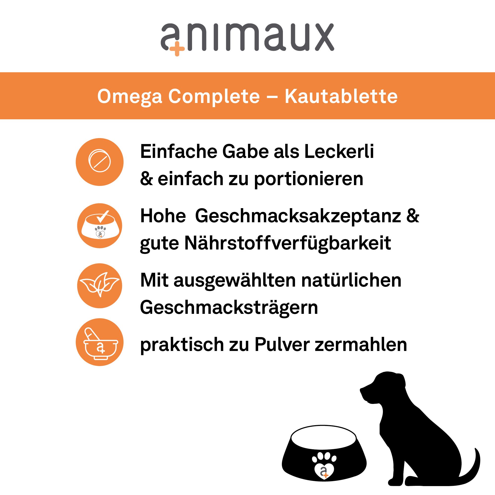 Animaux Omega Complete Kautabletten für Hunde: einfache Gabe, hohe Akzeptanz, natürliche Träger.