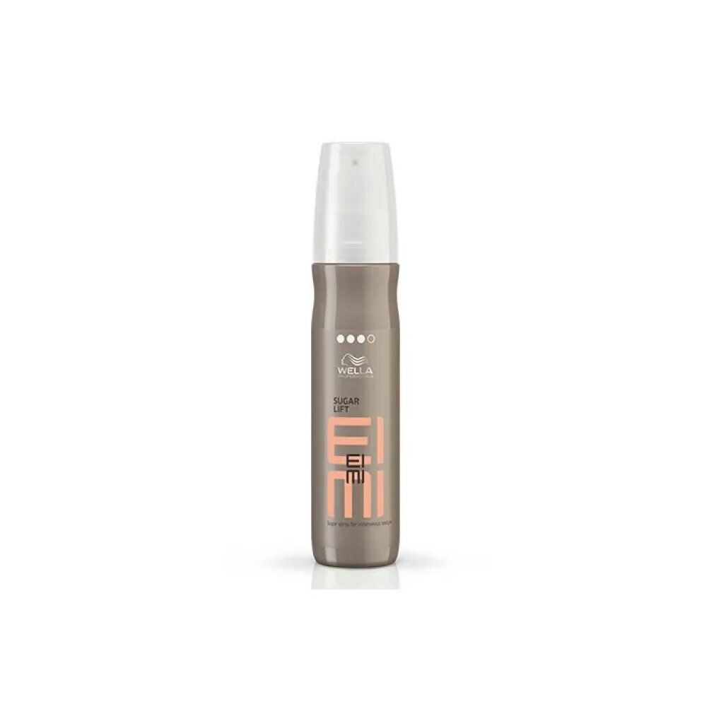 Haarspray-Flasche mit weißem Sprühkopf. Aufschrift: Wella Eimi Sugar Lift. Rosa und graue Farbgebung.