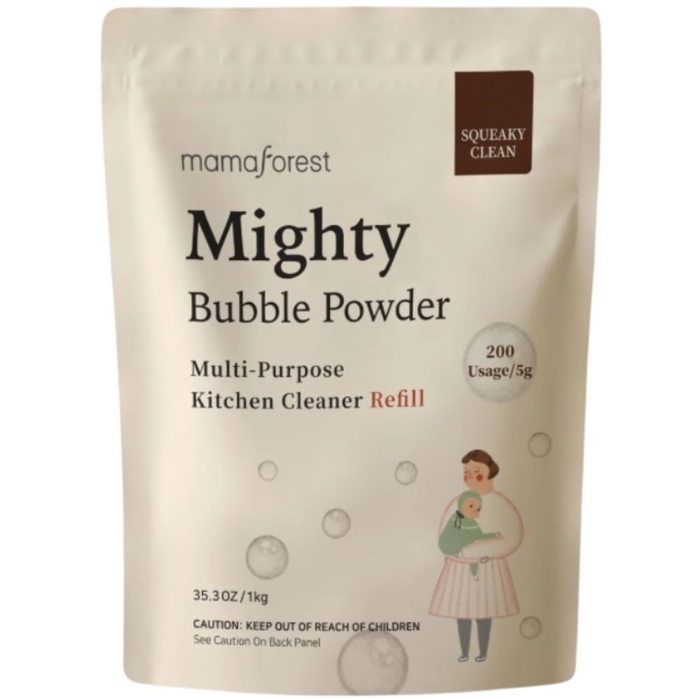 Beutel mit "Mighty Bubble Powder". Text: "Multi-Purpose Kitchen Cleaner Refill". Illustration: Mutter mit Kind. Aufschrift: "Squeaky Clean".