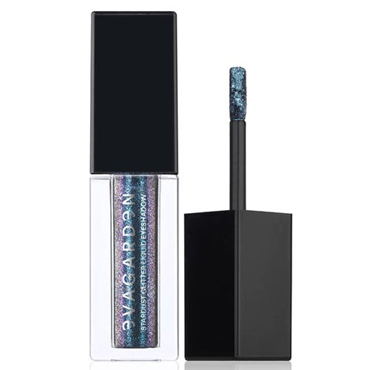 Flüssiger Lidschatten mit Applikator. Schwarze Kappe, transparente Flasche. Blauer, violetter Glitzer. Text: EVAGARDEN STARDUST GLITTER LIQUID EYESHADOW.