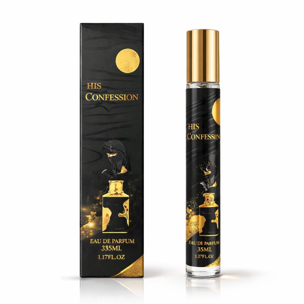 Schwarze Verpackung mit goldfarbenem Aufdruck. Text: His Confession, Eau de Parfum 35ml. Flakon mit goldfarbenem Deckel.