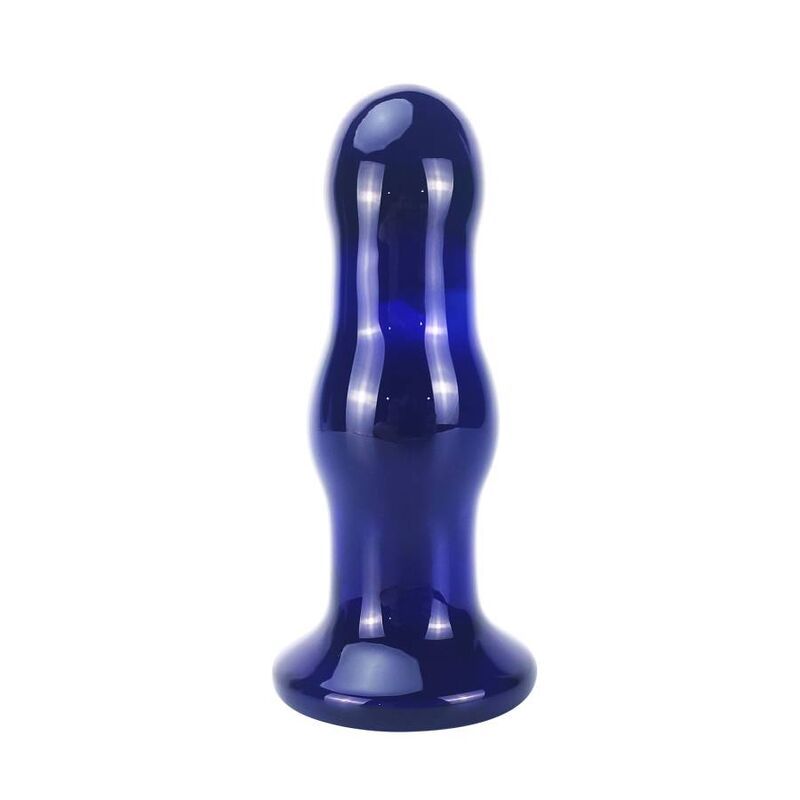 Blauer Glas-Analplug. Zylindrische Form mit abgerundeter Basis und Spitze. Glänzende Oberfläche.