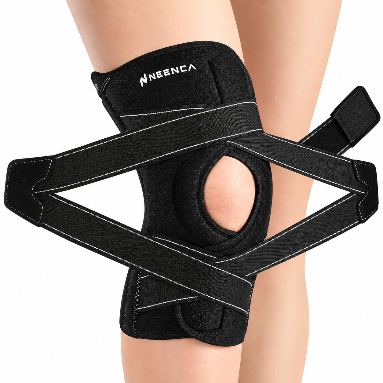 Schwarze Kniebandage mit Klettverschlüssen und seitlichen Stabilisatoren. Marke: NEENCA.
