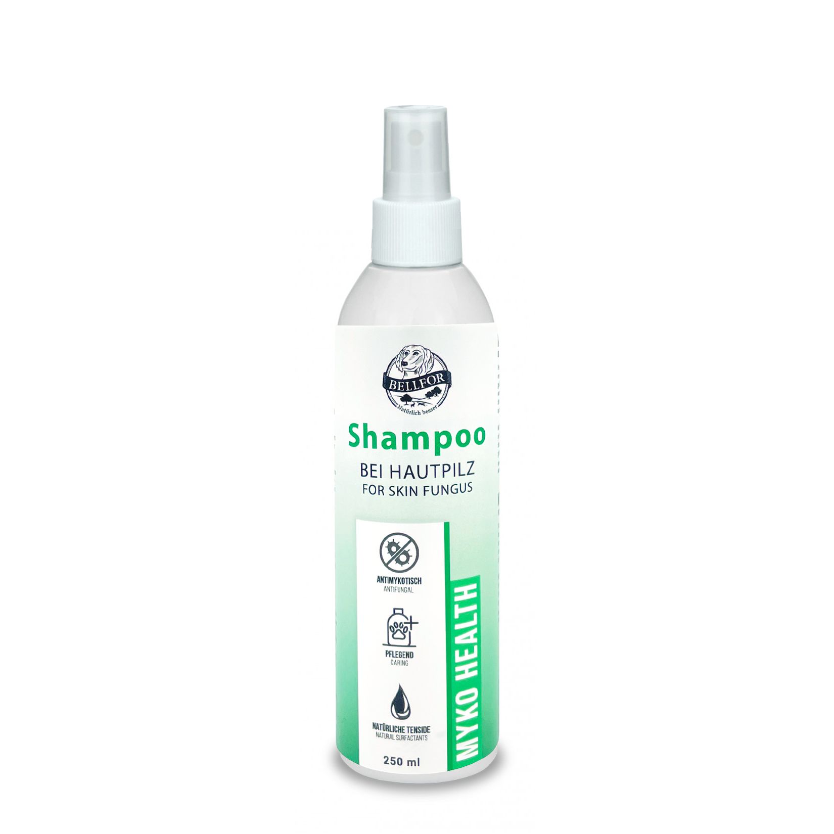 Sprühflasche mit 'Shampoo bei Hautpilz'. Weißes Etikett mit grünen Akzenten. Marke: MYKO HEALTH.