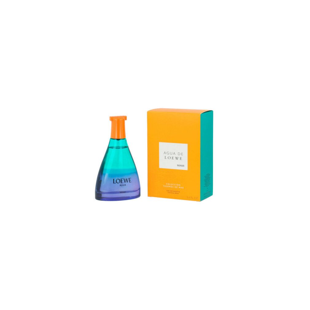 Flasche und Verpackung. Flasche mit Farbverlauf von Blau zu Grün, orangefarbener Verschluss. Verpackung orange mit grüner Seite. Aufschrift: AGUA DE LOEWE.