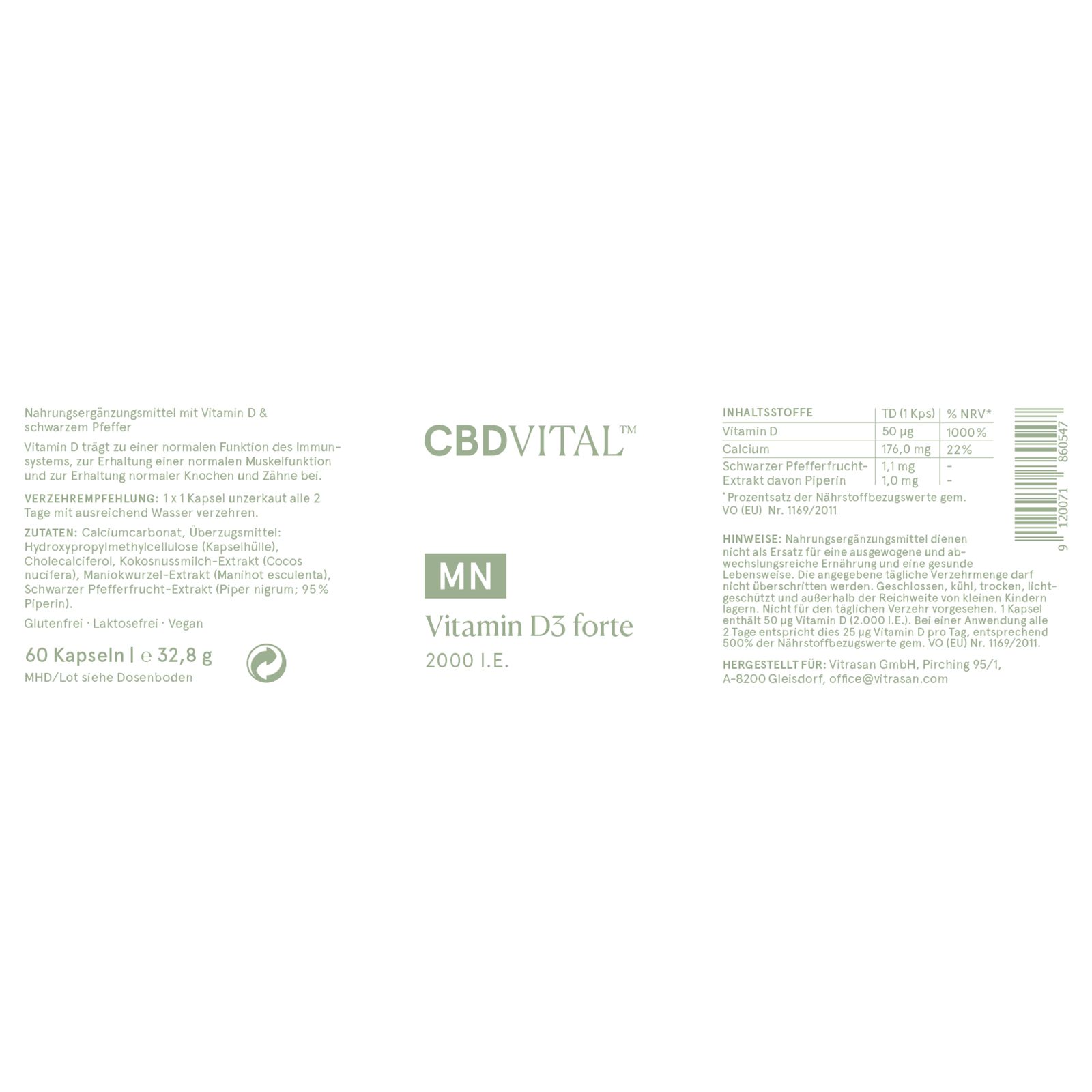 Rückseite der CBD VITAL Vitamin D3 forte Verpackung mit Nährwertangaben und Inhaltsstoffen.