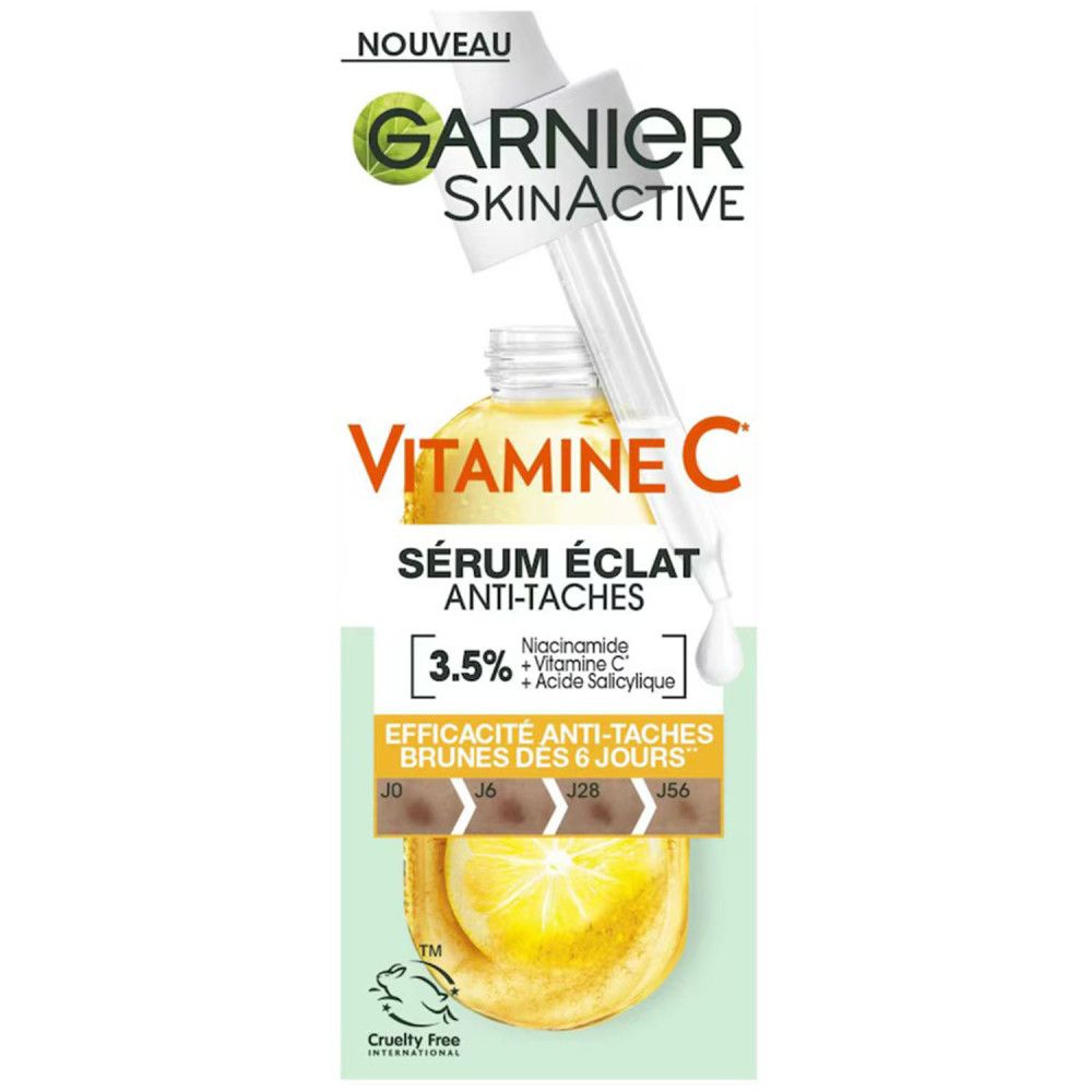 Produktverpackung mit Serumflasche und Pipette. Aufschrift: Garnier SkinActive Vitamin C Sérum Éclat Anti-Taches. Enthält 3,5% Niacinamid, Vitamin C und Salicylsäure.