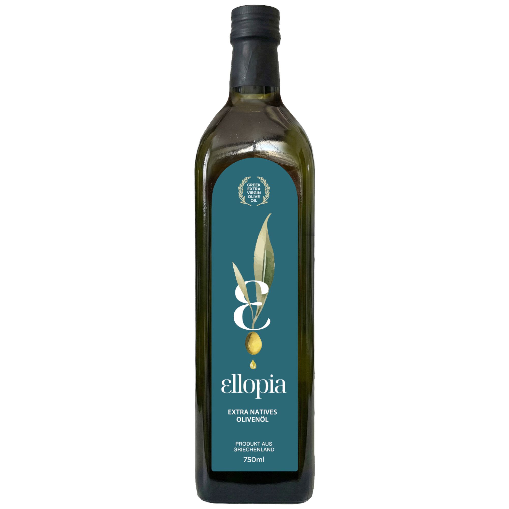 Dunkelgrüne Glasflasche mit Ellopia Olivenöl, 750ml. Etikett mit Olivenzweig und goldener Olive.