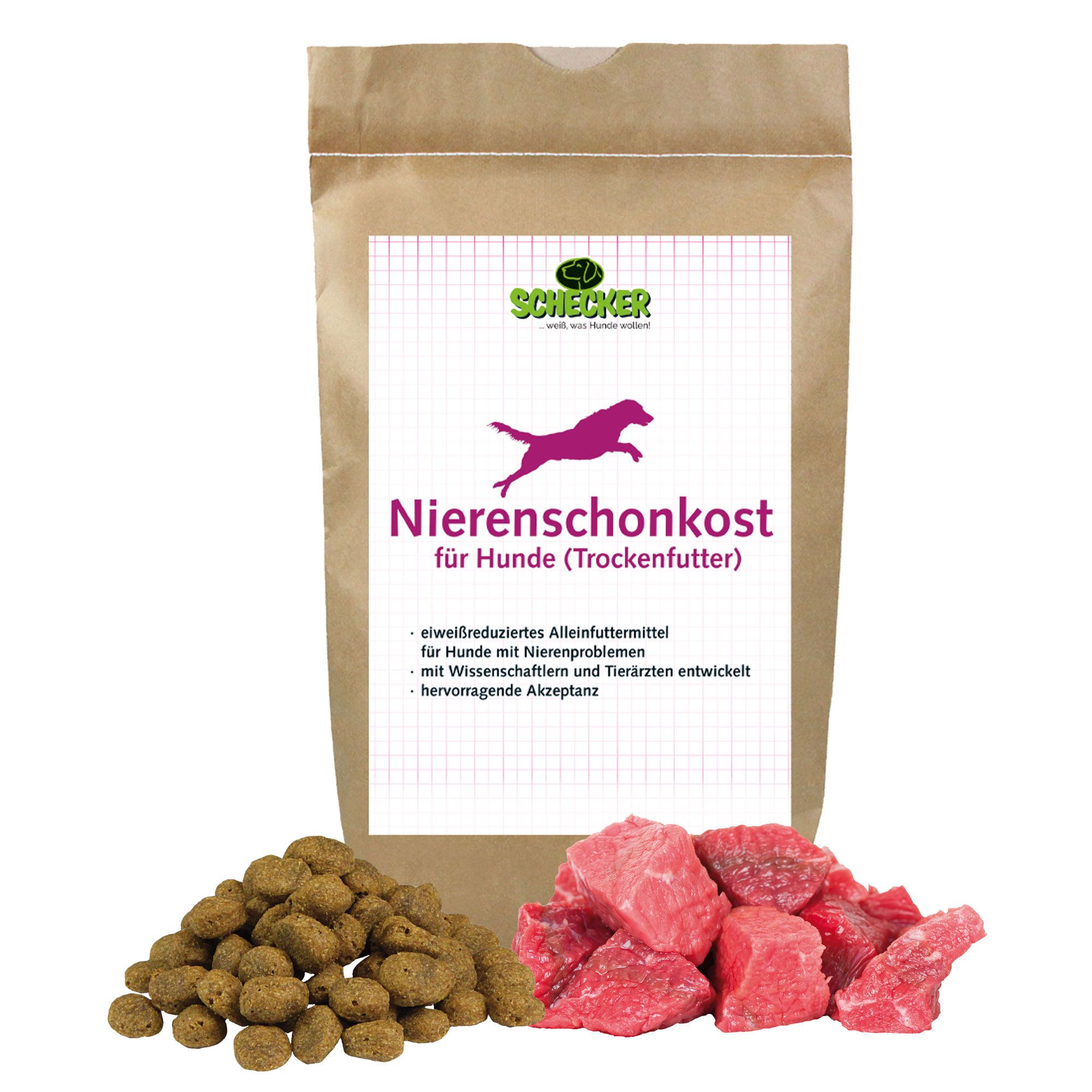 Beutel Trockenfutter für Hunde mit Nierenproblemen. Daneben Trockenfutter-Pellets und Fleischstücke.
