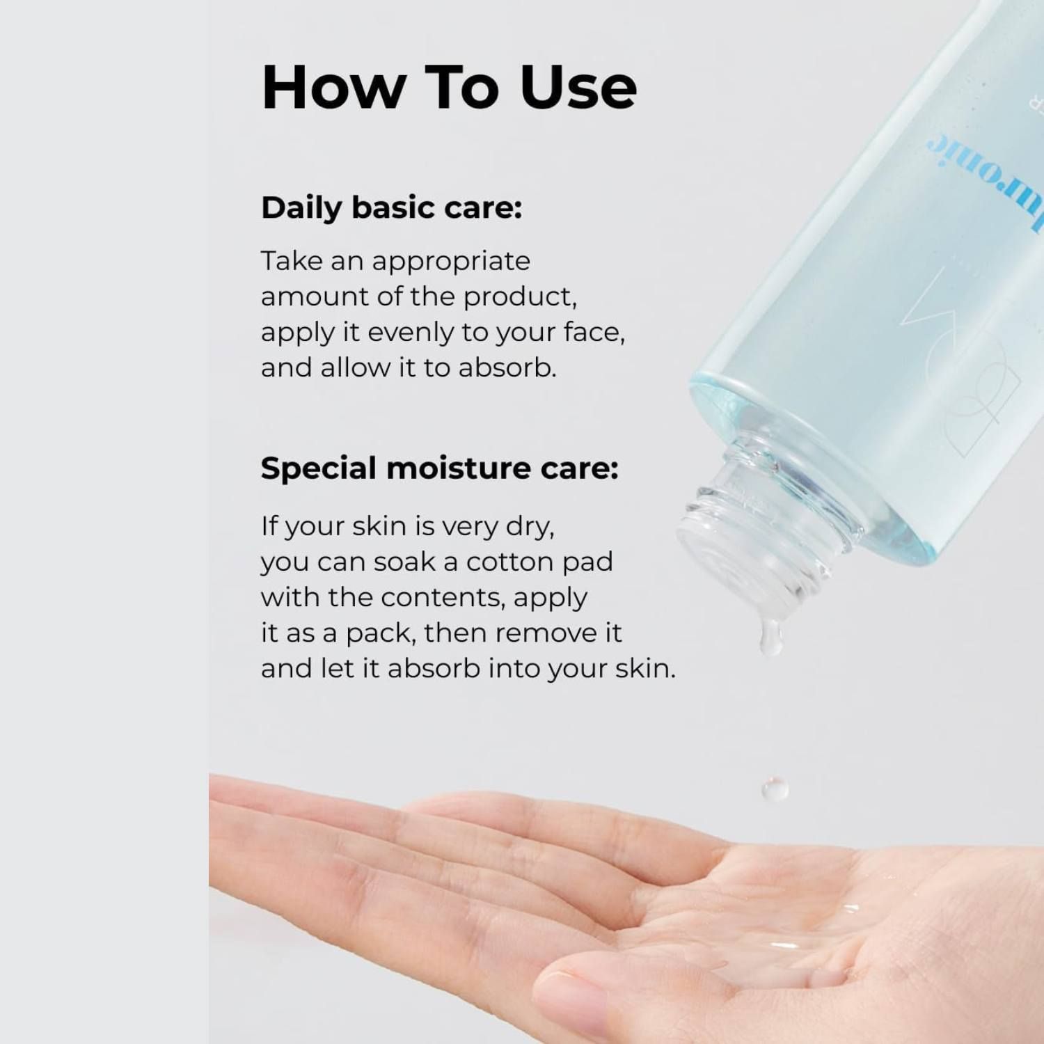 Anwendung des BOM Hyaluronic Acid Moisture Toners auf der Hand.