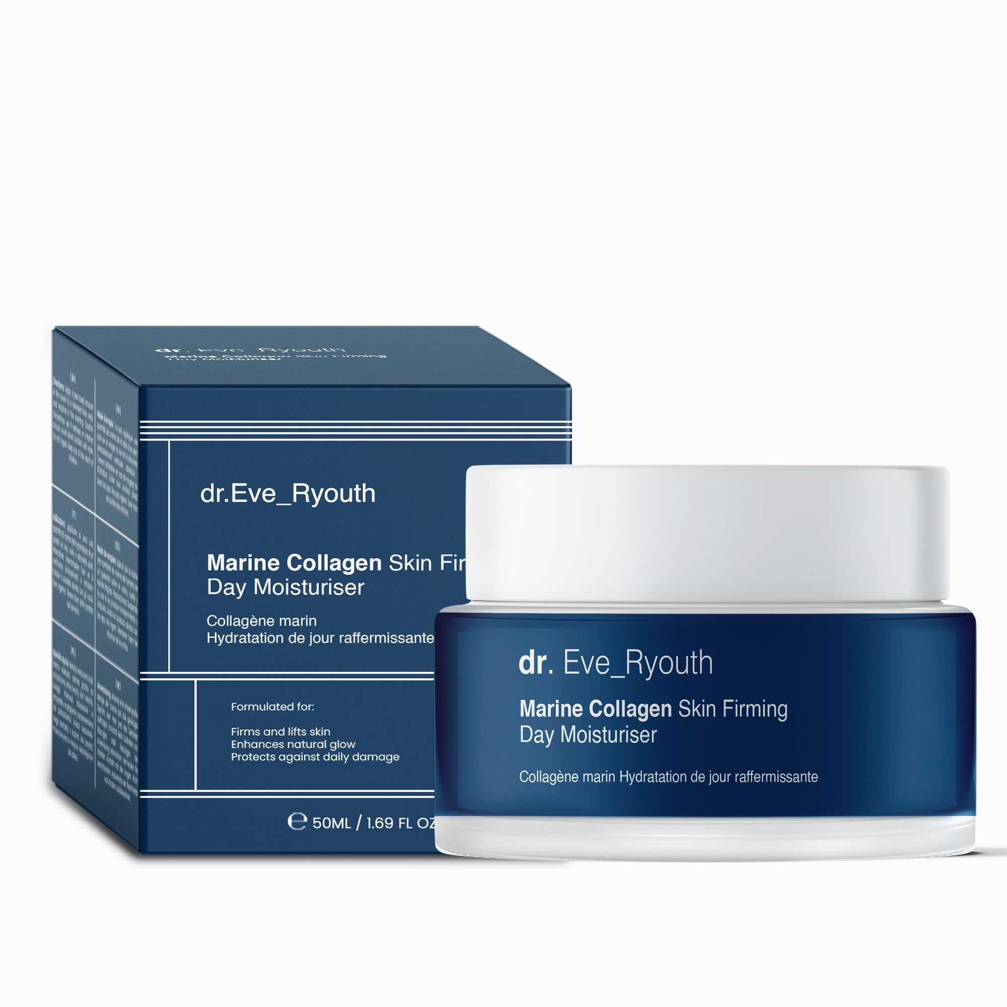 Blau-weiße Creme-Dose und Schachtel. Aufschrift: Marine Collagen Skin Firming Day Moisturiser. 50ml.