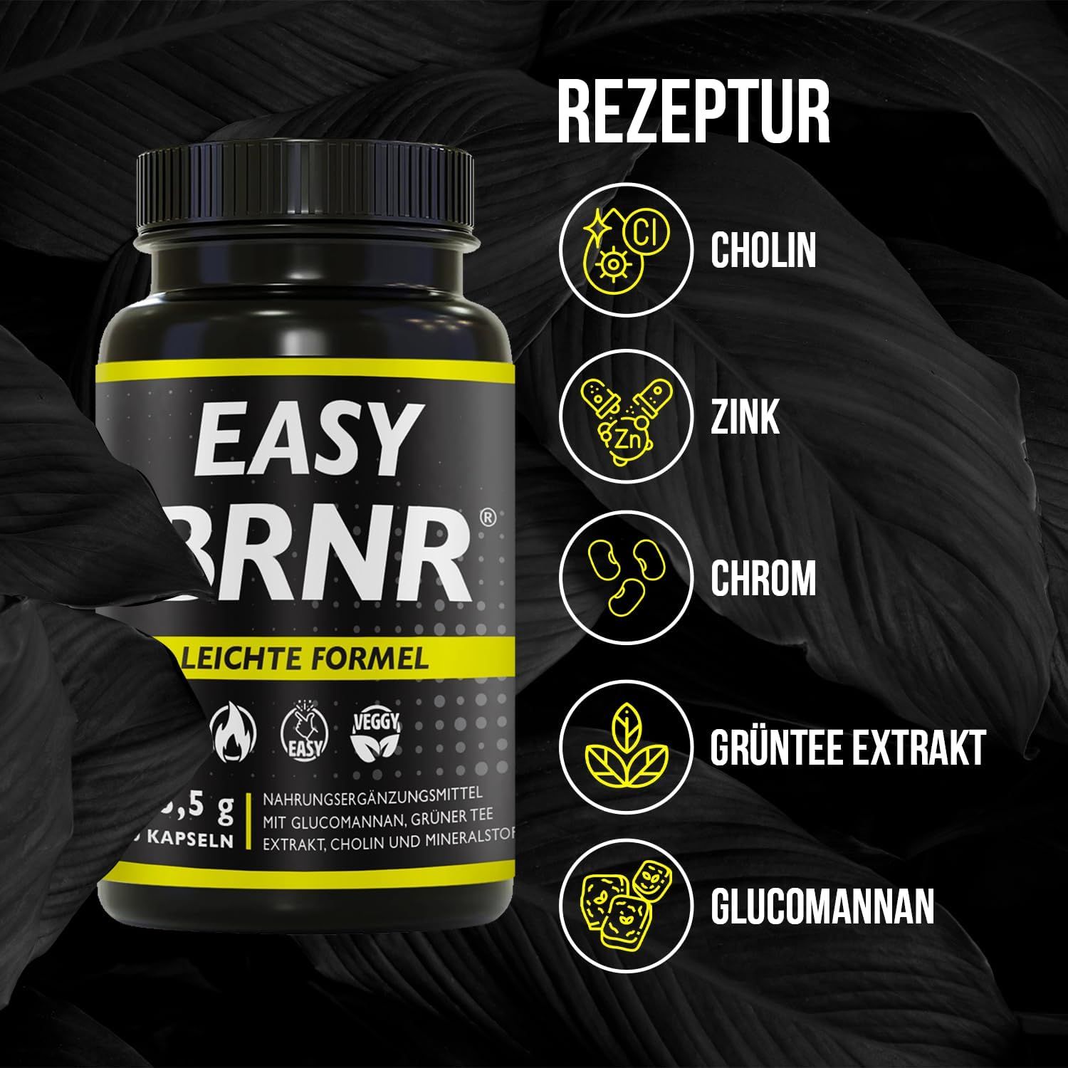 Schwarze Flasche mit gelbem Etikett. Aufschrift: EASY BRNR, Leichte Formel. Enthält Kapseln. Zutaten: Cholin, Zink, Chrom, Grüntee-Extrakt, Glucomannan.