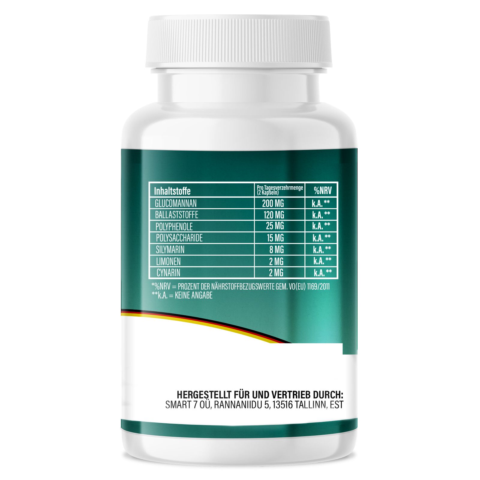 Rückseite der Kapsel-Dose. Grünes Etikett mit Inhaltsstoff-Tabelle. Hersteller- und Vertriebsinformationen.