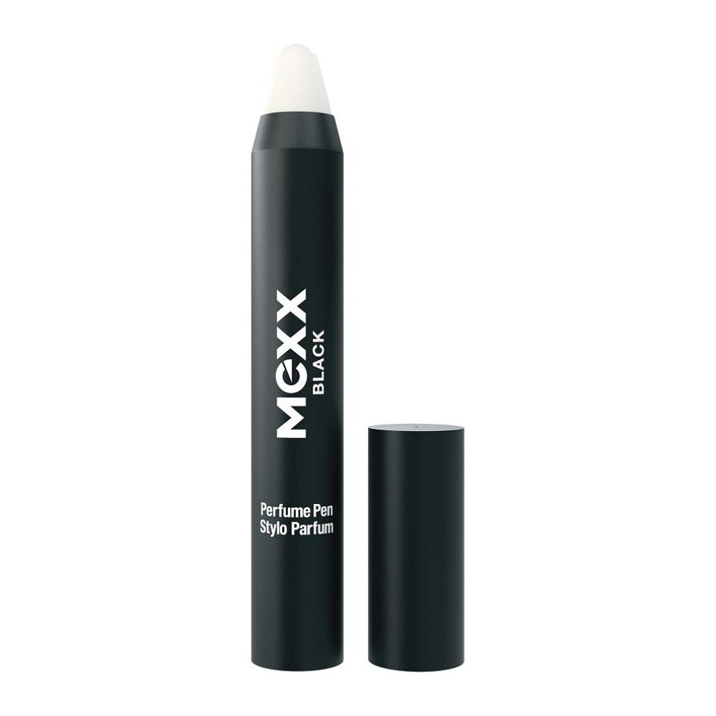 Schwarzer Stift mit weißer Spitze und schwarzer Kappe. Aufschrift: Mexx Black, Perfume Pen.