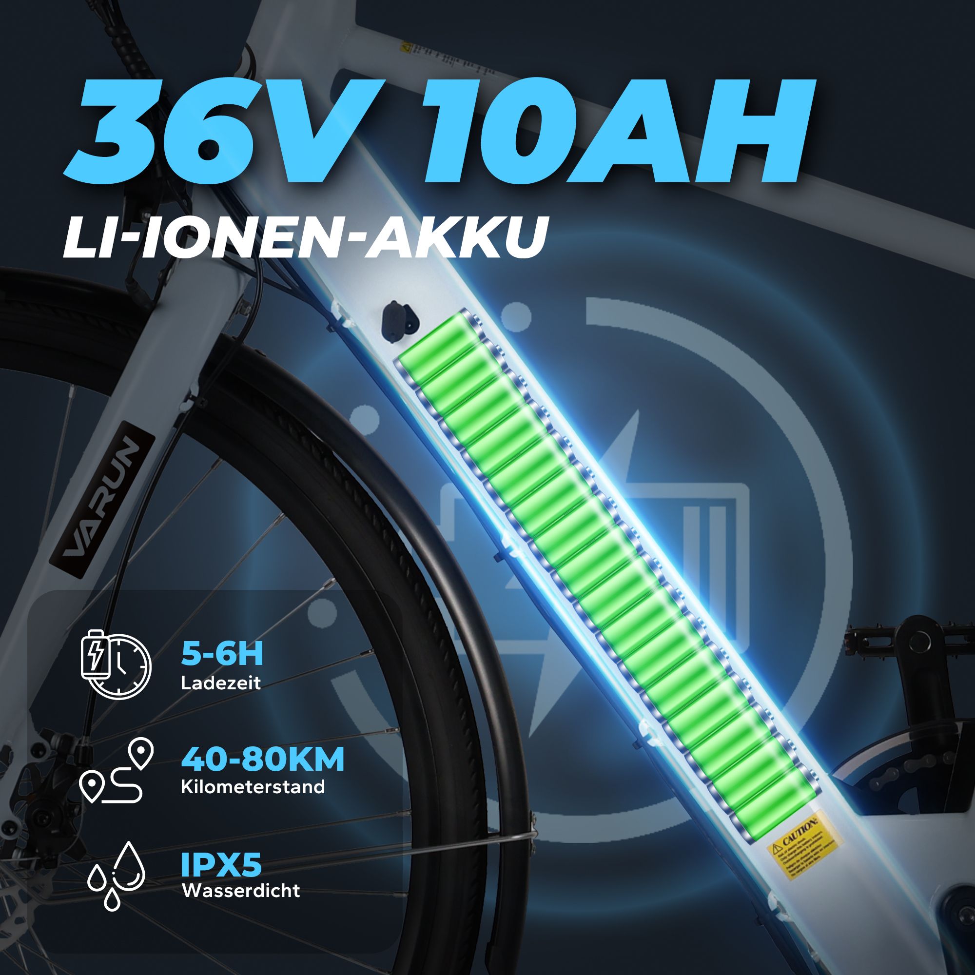 E-Bike-Rahmen mit 36V 10Ah Li-Ionen-Akku. Ladezeit 5-6h, Reichweite 40-80km, IPX5 wasserdicht.
