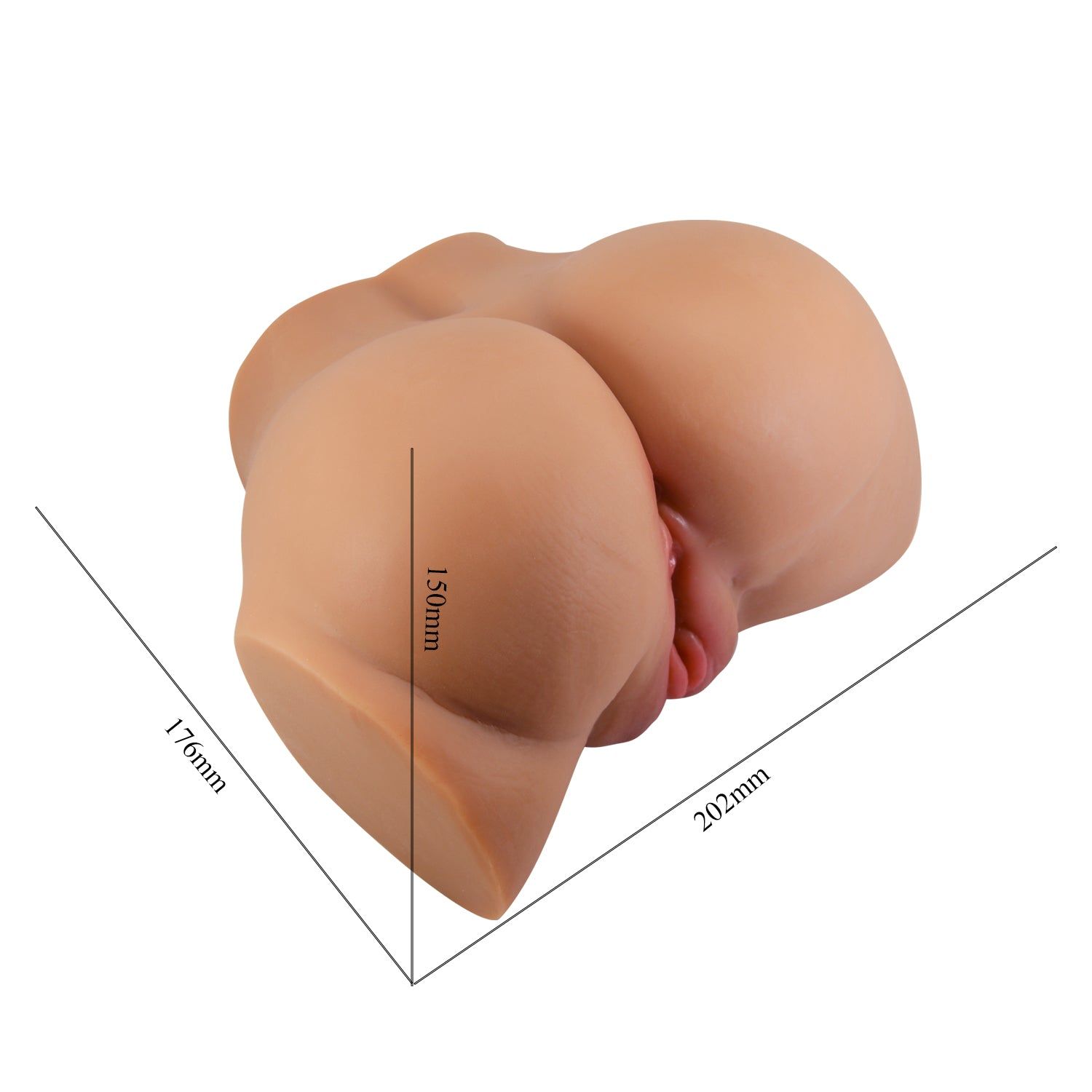 Masturbationshilfe, Seitenansicht mit Maßen. Hautfarbenes Material, Form eines Gesäßes. Maße: 202x176x150mm.