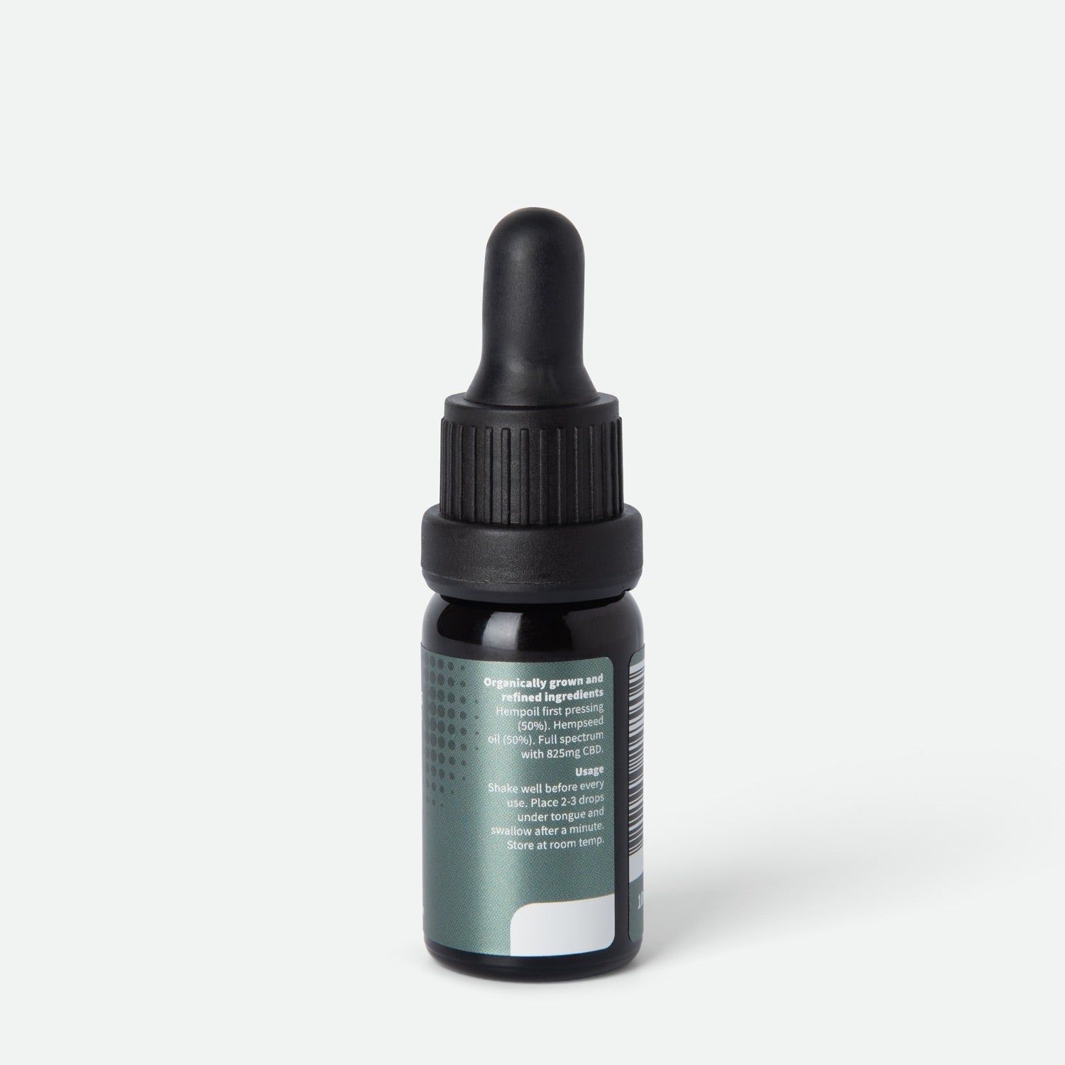 Rückansicht einer braunen Glasflasche mit schwarzem Tropfer. Etikett mit Text über Inhaltsstoffe und Anwendung.