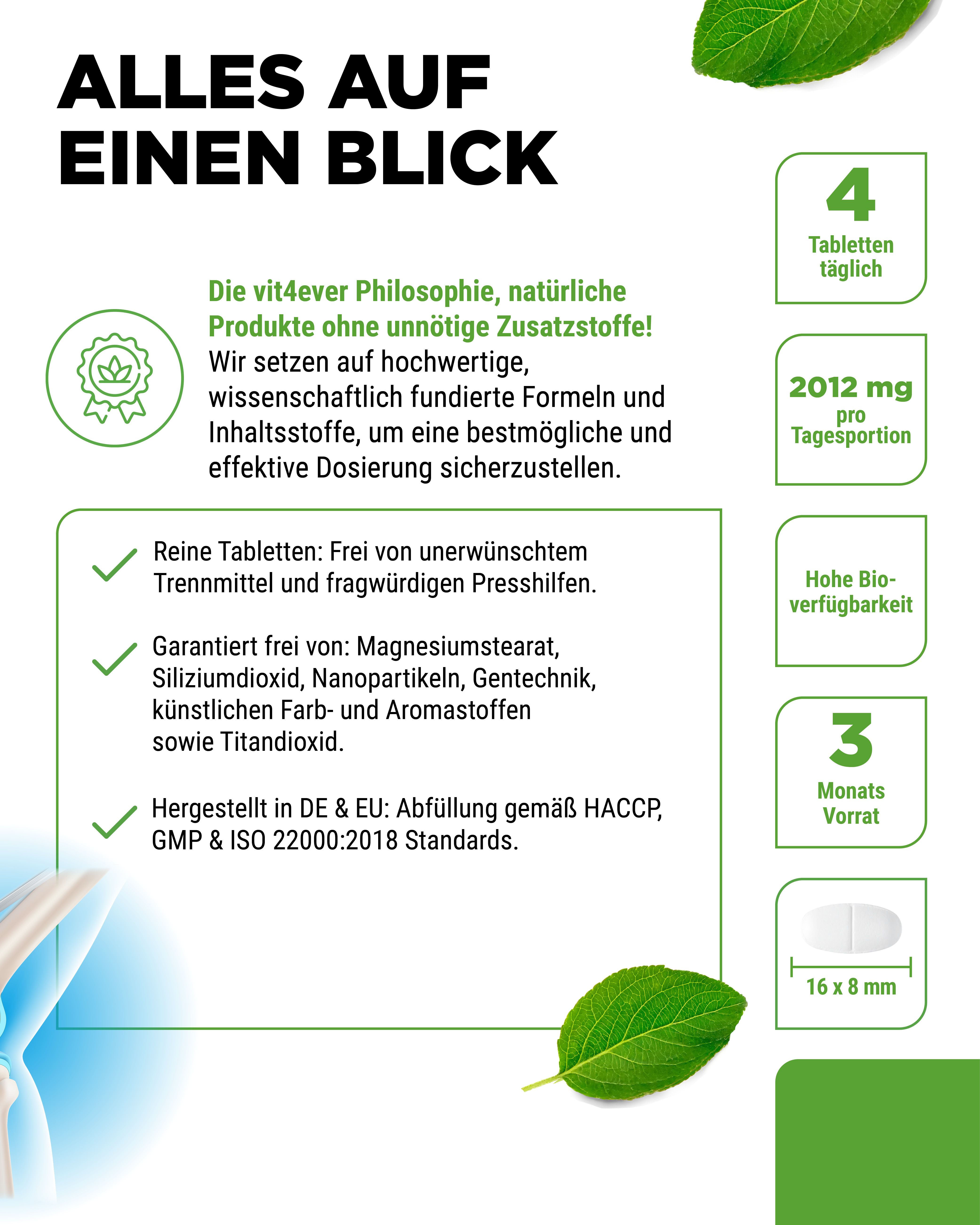 Produktflasche mit Text: Alles auf einen Blick. Text: 4 Tabletten täglich, 2012 mg pro Tagesportion, 3 Monats Vorrat.
