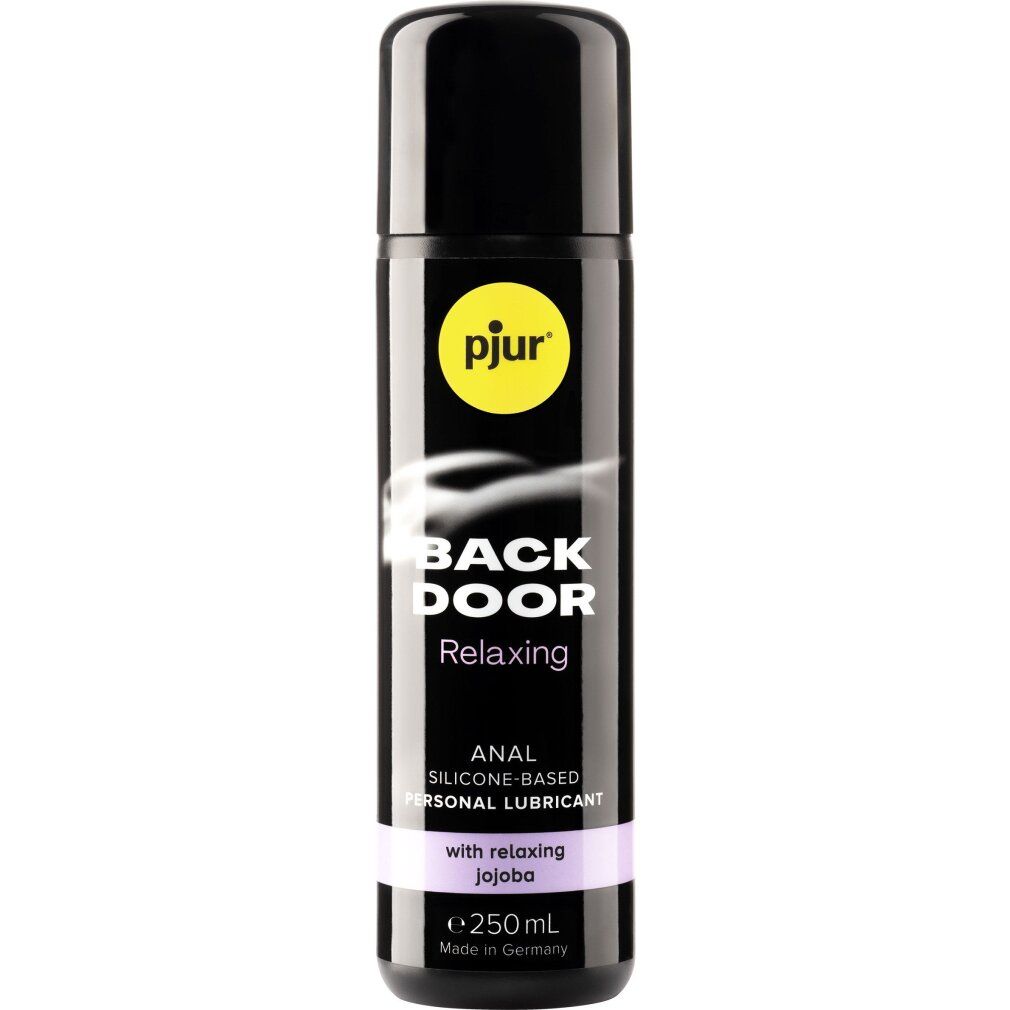 Schwarze Flasche mit "pjur BACK DOOR Relaxing Anal". Enthält Jojoba. 250ml. Hergestellt in Deutschland. Lila Streifen.